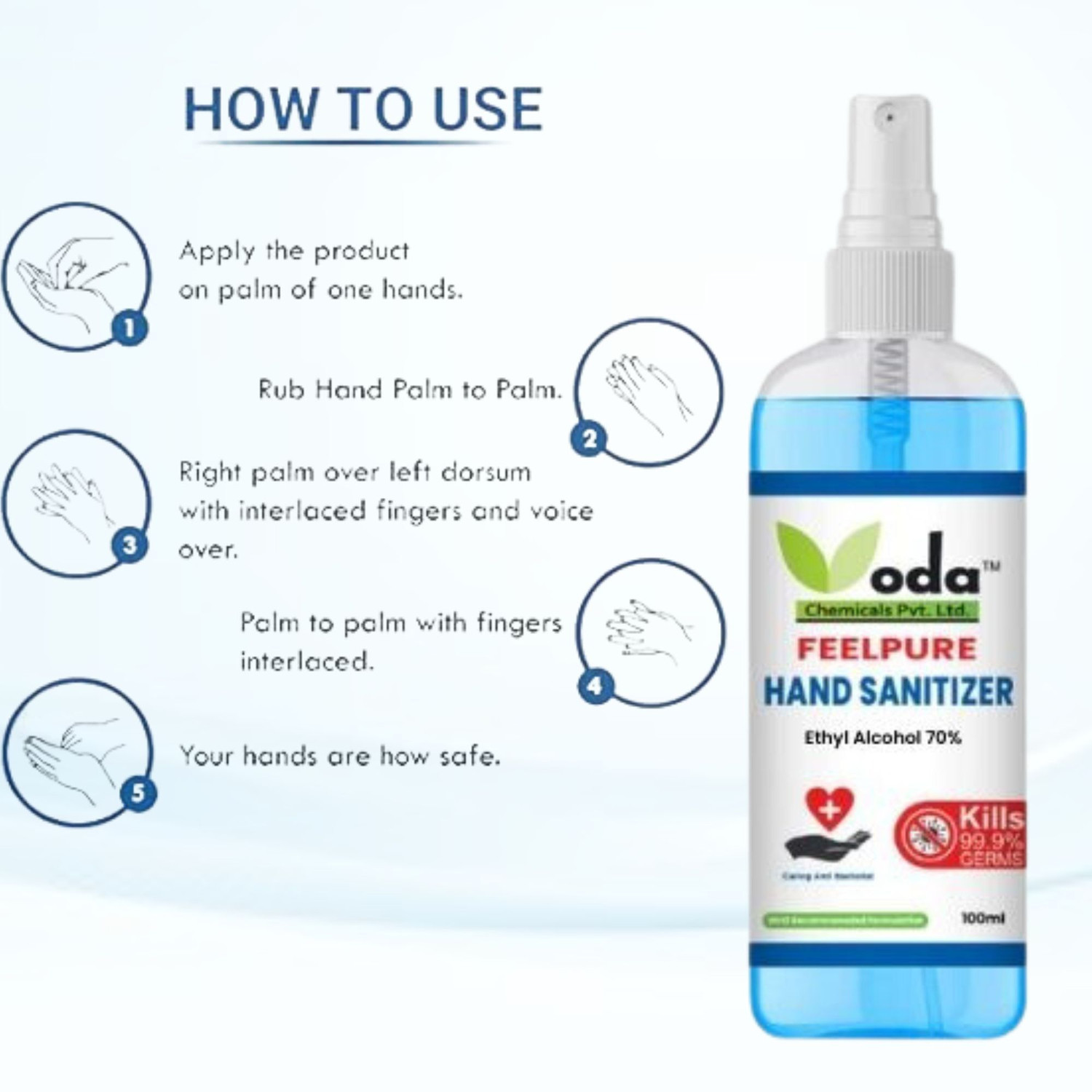 Image of ODA FEELPURE iNSTA Ethyl 70% Liquid | India's #1 Brand Trigger Spray 500ml Hand Sanitizer Bottle