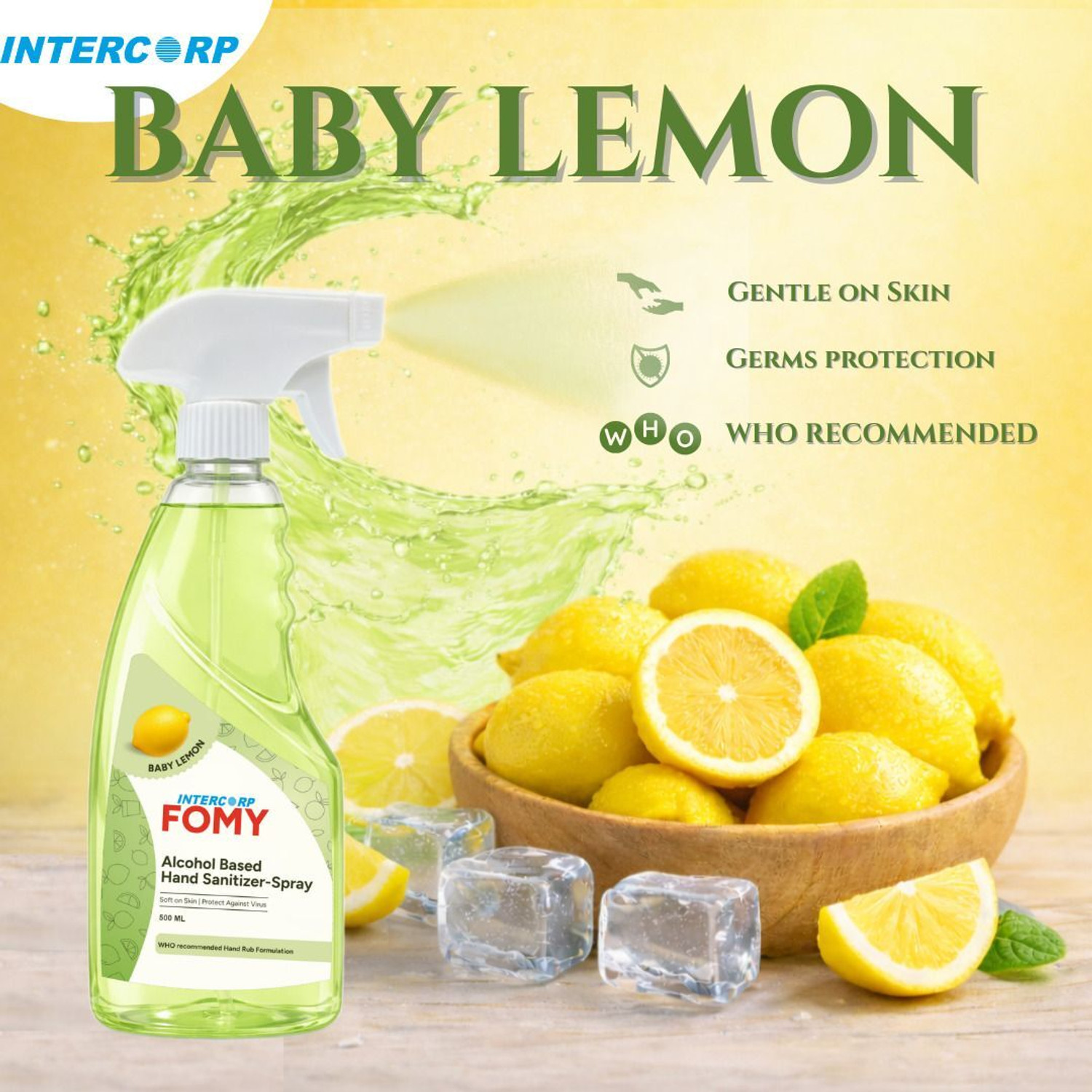Image of Intercorp Fomy 75% Isopropyl Alcohol-based Hand Rub Sanitizer and Disinfectant Spray, 500 ml Each (Lemon) Hand Rub Spray Bottle