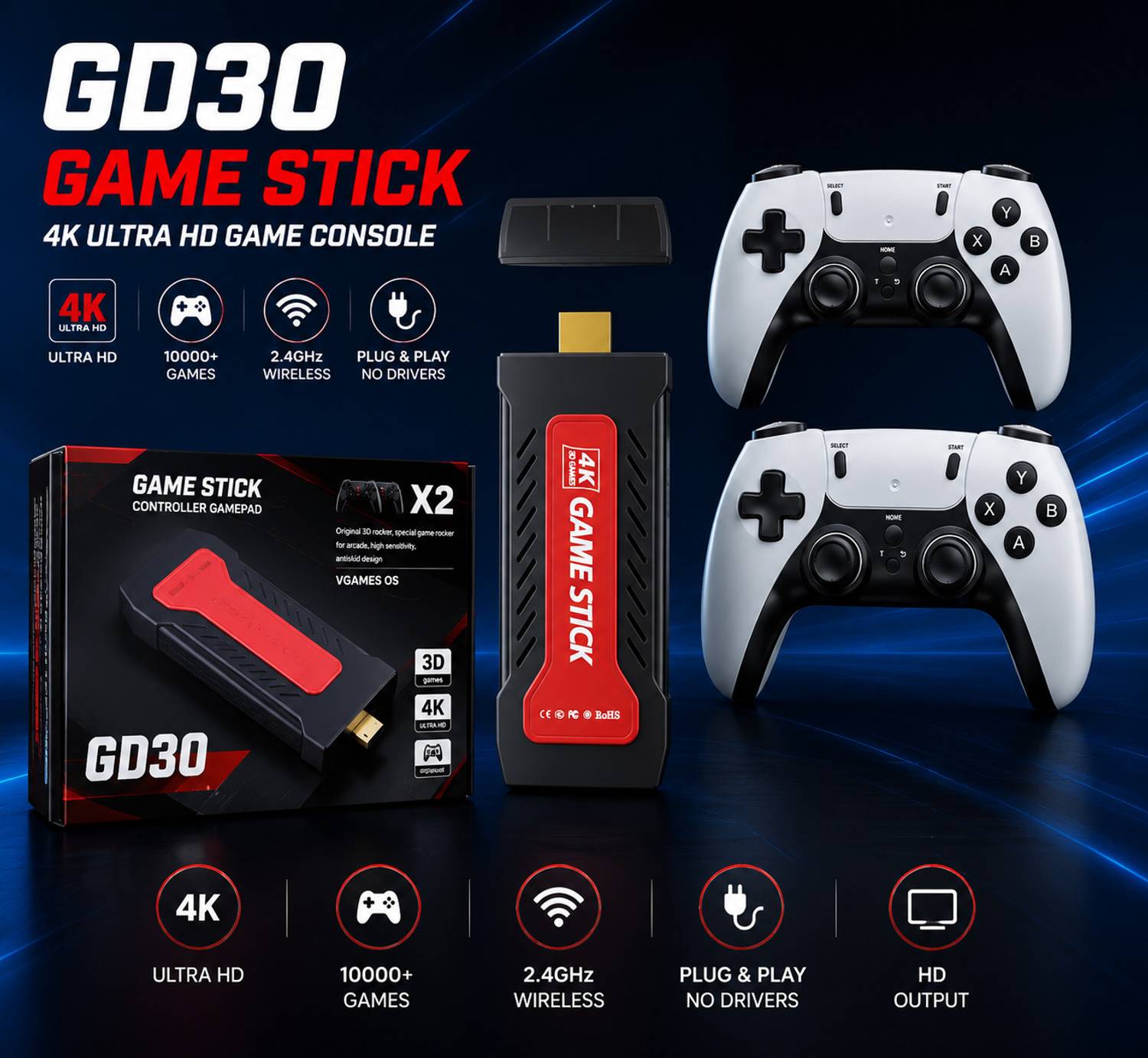 Divine creation GD30 4K Stick Video Game TV Plug & Play Console Wireless Retro Gaming Stick D10 Handheld Gaming Console