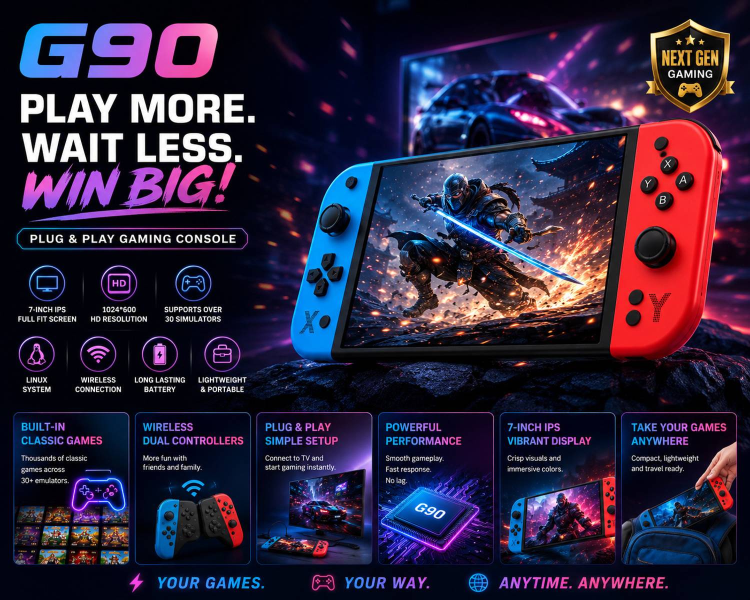 Divine creation G90 Retro Video Gamepad Console HD Gaming Support,Dual Joystick Controller D258 Handheld Gaming Console