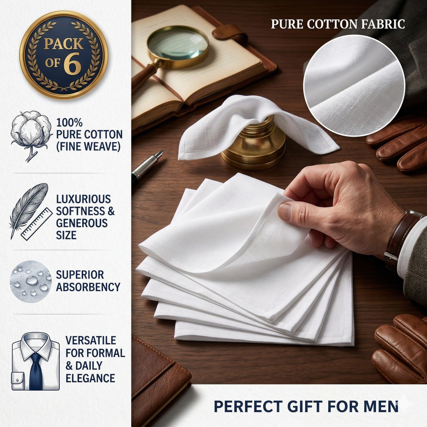 Image of Good Shopkeeper Premium 100% Pure Cotton Men's Handkerchiefs - Soft & Absorbent (Pack of 6) [ inchWhite inch] Handkerchief