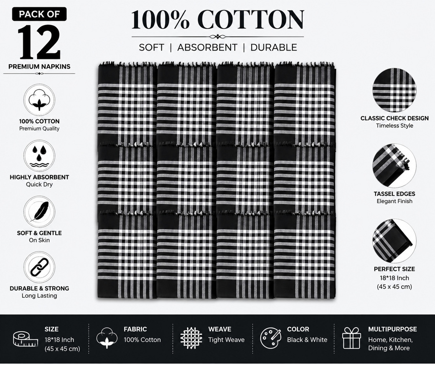 Image of higadget MEDIUM CHECKED PURE 100% COTTON [ inchBlack inch, inchWhite inch] Handkerchief