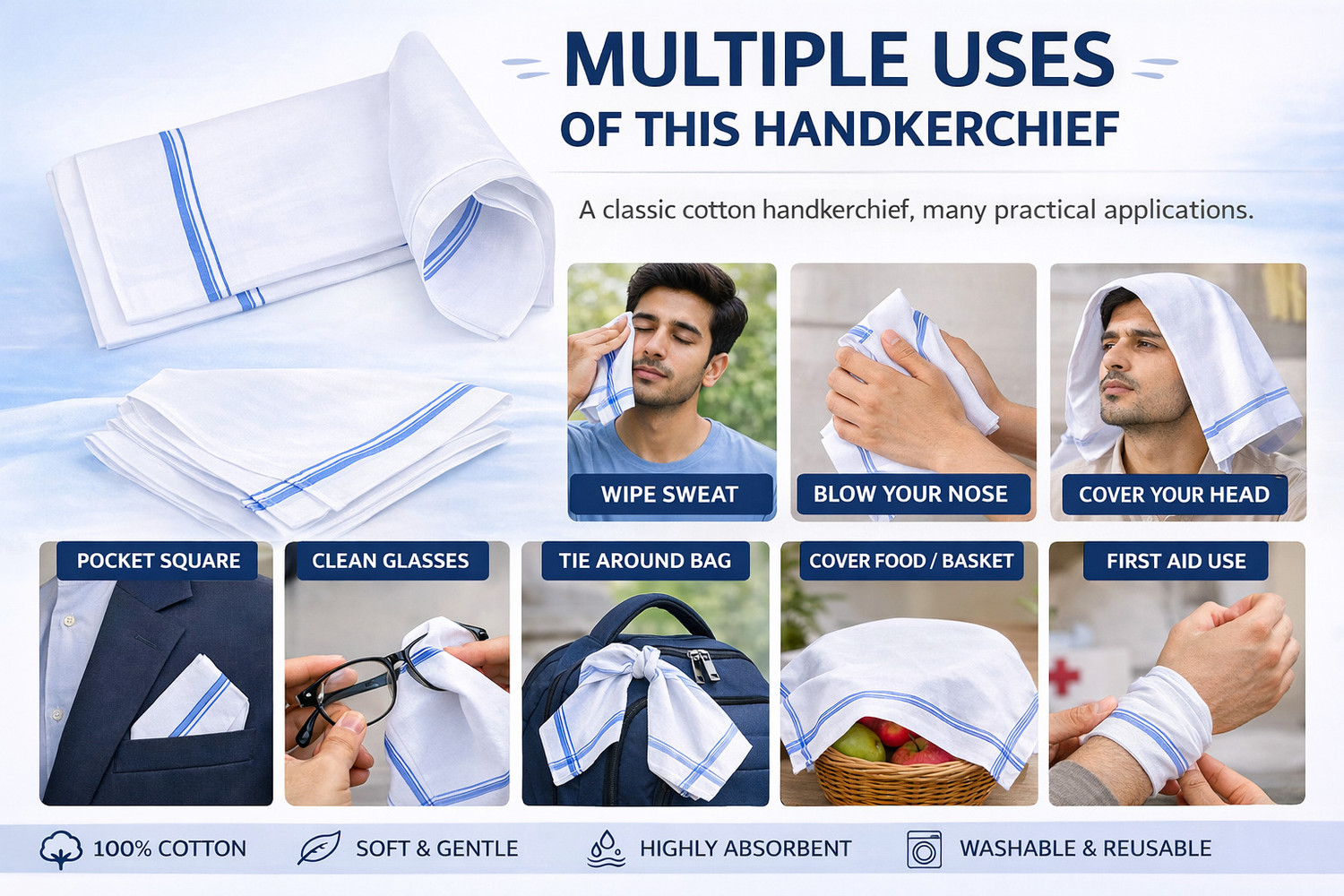 Image of AK SHINE Cotton Handkerchief for Men's Soft, Skin-Friendly [ inchWhite inch] Handkerchief