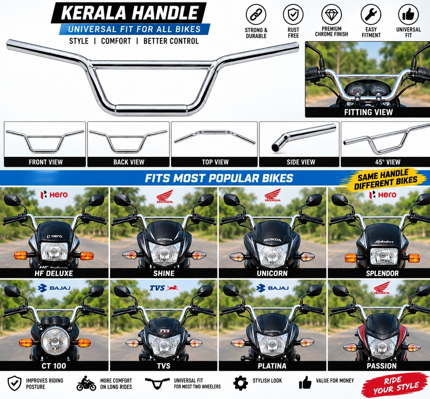 Image of Pkp KHB-CROME-01 Handle Bar (Steel)