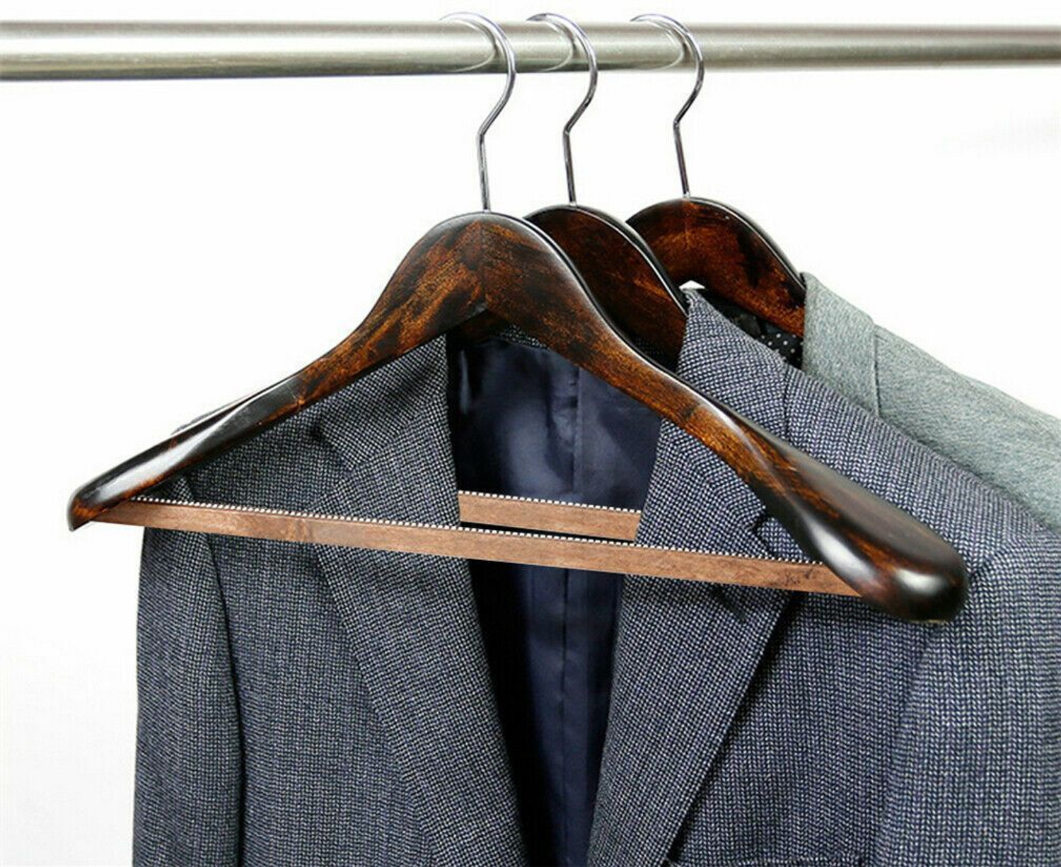 Image of ROLLYWARE Extra Wide Shoulder Luxury Wood,Suit Hanger Non Slip Pant Holder, Heavy Duty Wooden Coat Pack of 5 Hangers For Coat