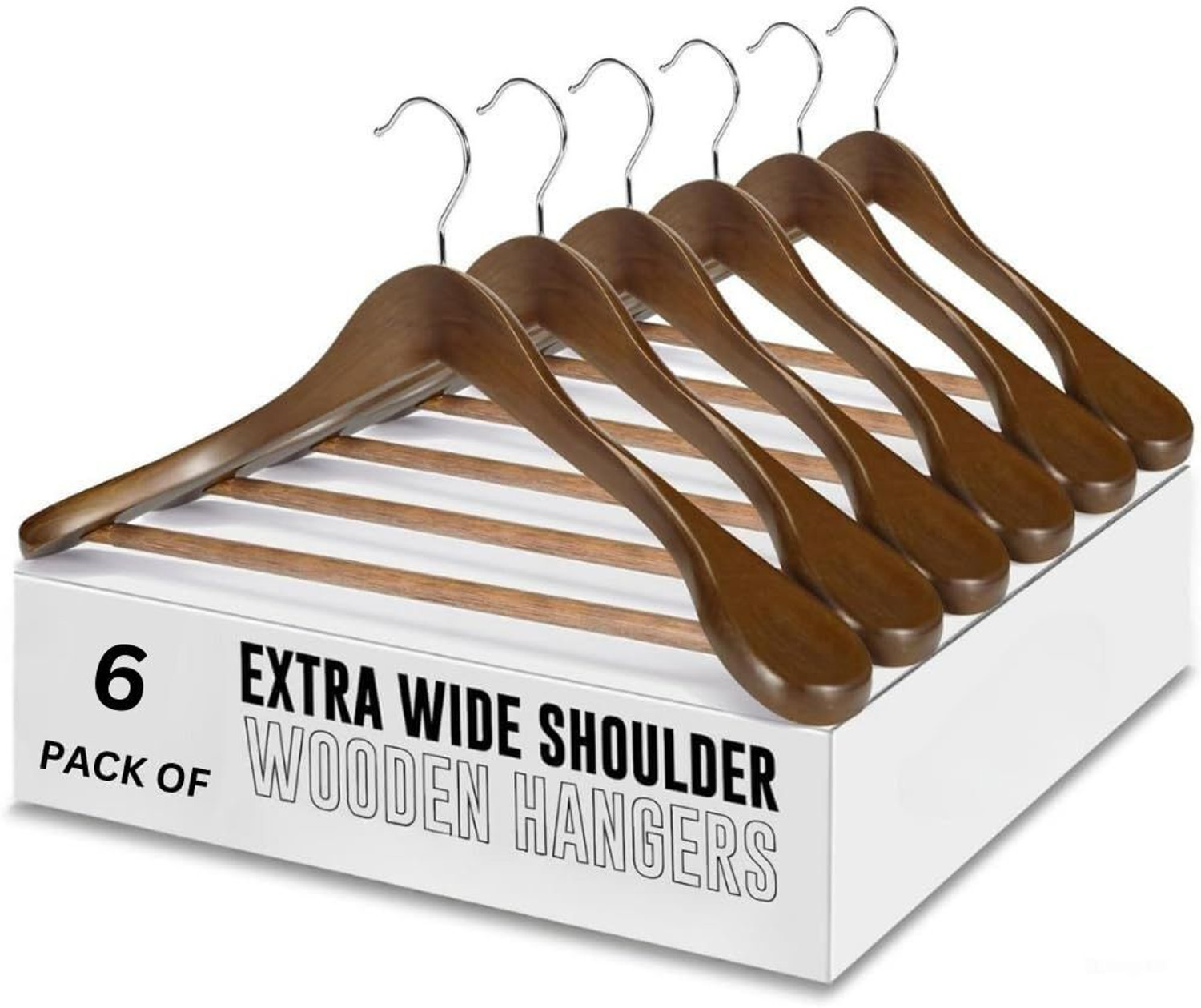 Image of SHOPIVAAN Non Slip Premium Wide Shoulder Coat Hanger, Smooth Finish 360 Swivel Hook Solid Wooden Coat Pack of 6 Hangers For Coat