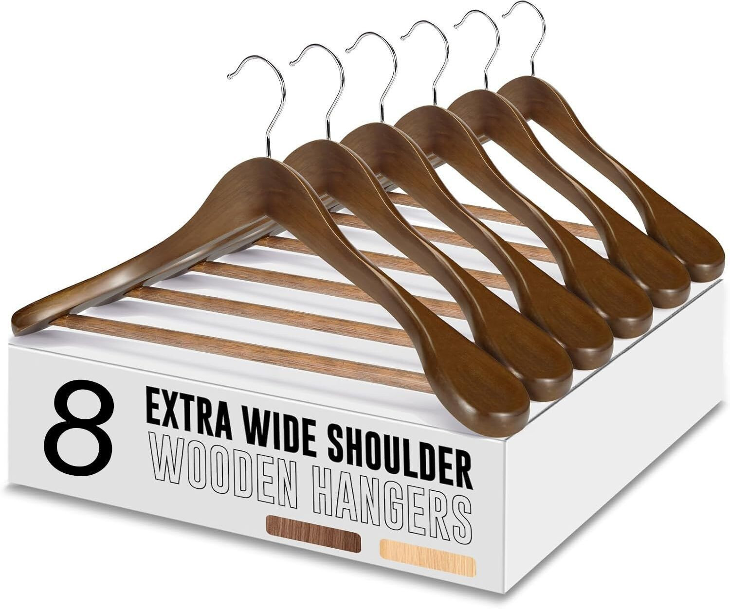 Image of SHOPIVAAN Non Slip Premium Wide Shoulder Coat Hanger, Smooth Finish 360 Swivel Hook Solid Wooden Coat Pack of 8 Hangers For Coat