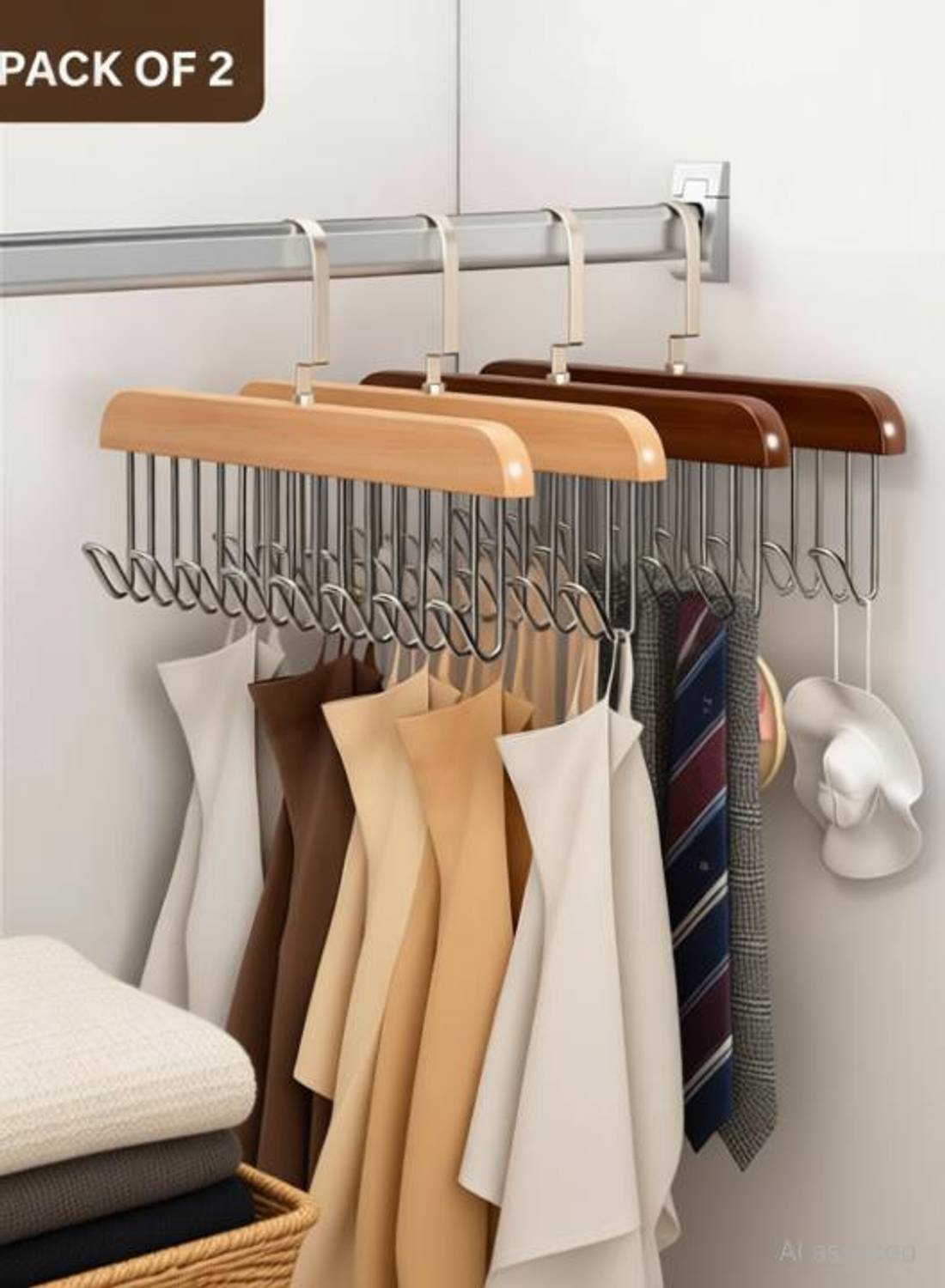Ashmakam 2 Pcs Wardrobe Organizer for Storage Wooden – Space Saver Hanger Wooden Scarf Pack of 2 Hangers For  Scarf