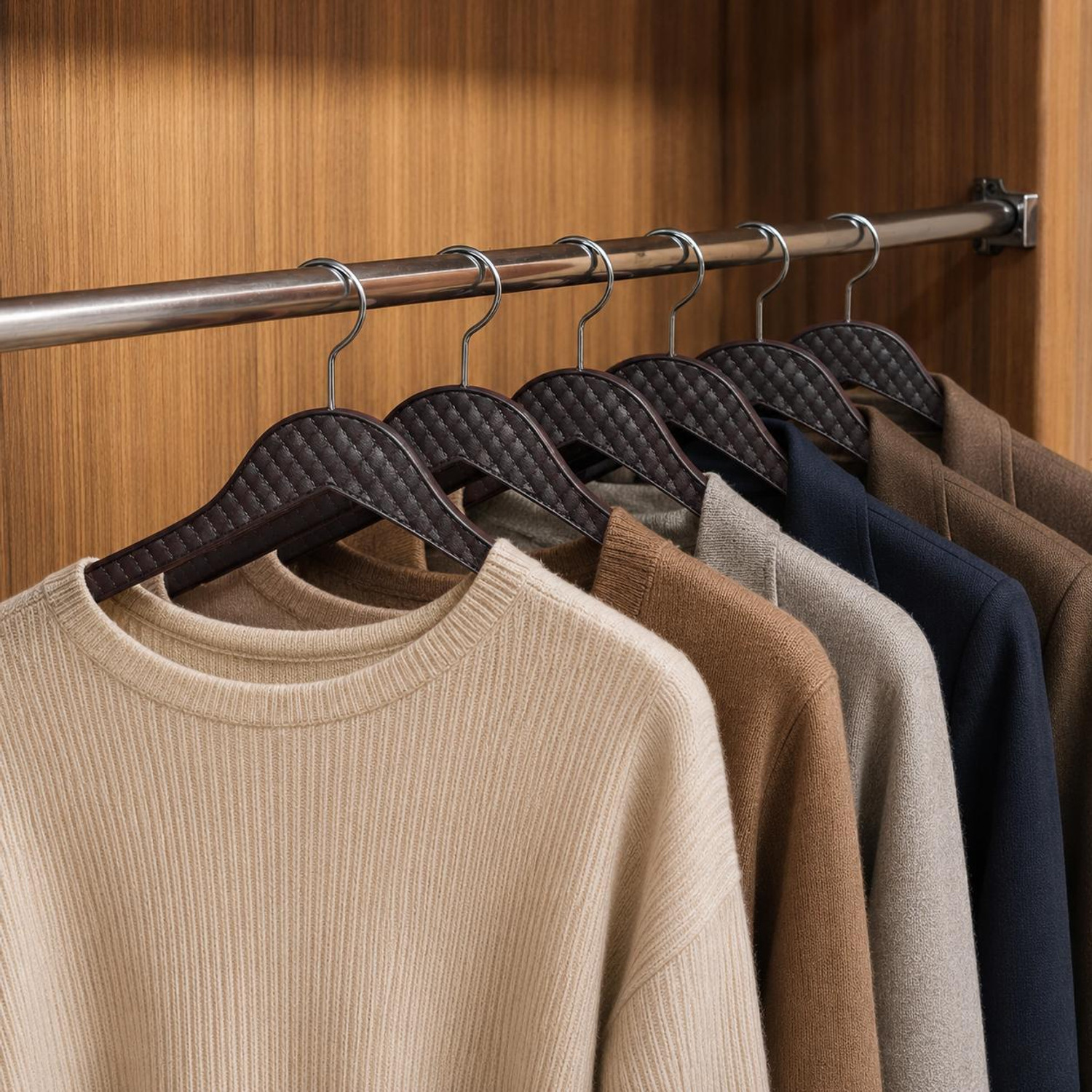 Image of WEENSY Coffee Brown Leather Wooden Plastic Hanger Pack Of 6 Plastic Shirt Pack of 6 Hangers For Shirt