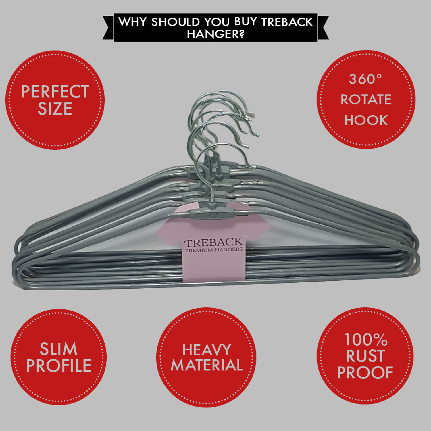 Image of treback Grey hangers pack of 10 heavy rust proof hangers for clothes Steel Shirt Pack of 10 Hangers For Shirt