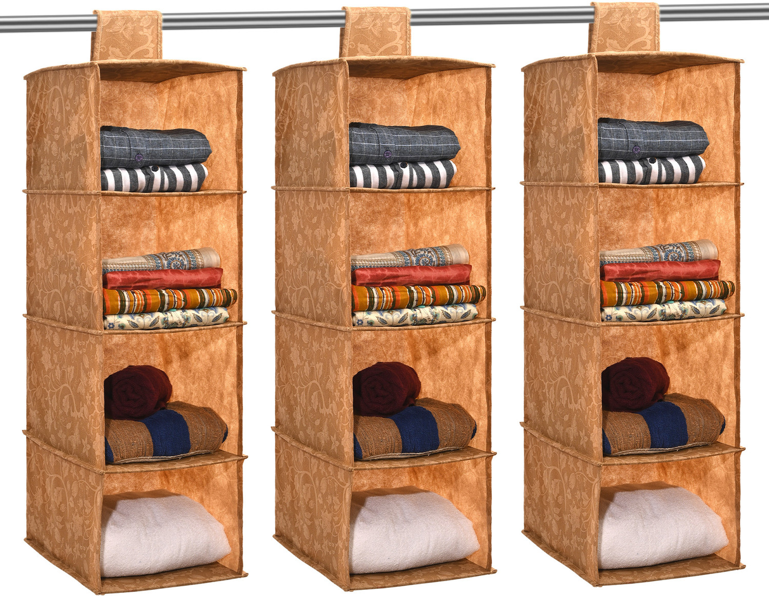 Image of KUBER INDUSTRIES 3 Pcs Foldable 4 Shelf Hanging Closet Organizer | New Flower - Brown Closet Organizer