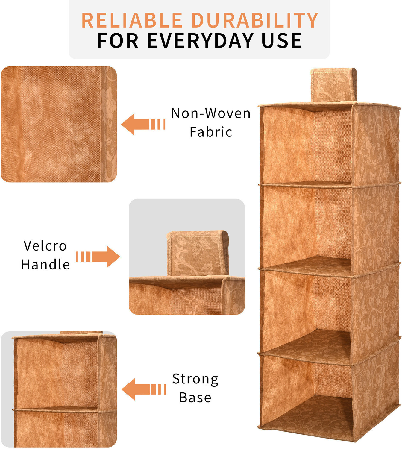Image of KUBER INDUSTRIES Non Woven Foldable 4 Shelf Hanging Closet Organizer | New Flower - Brown Closet Organizer