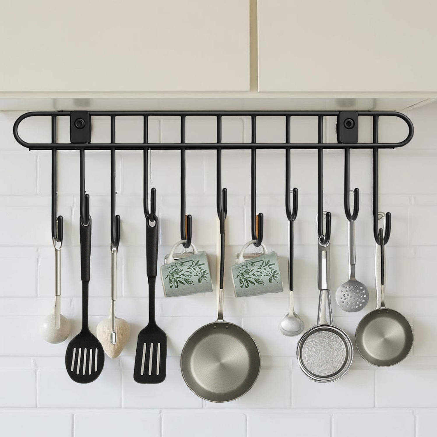 Image of FORCASA Utensil Kitchen Rack Carbon Steel Utensil Kitchen organizer Rack Steel utensil hanger for Wall with 11 Hooks