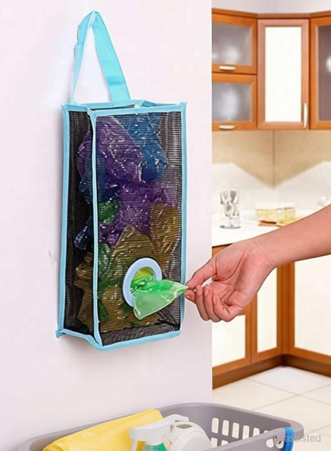 Image of Rexmon Kitchen Organizer Plastic Wall Mounted Rubbish Bag Container Kitchen Paper Dispense Mesh Hanging Bag Paper Dispenser