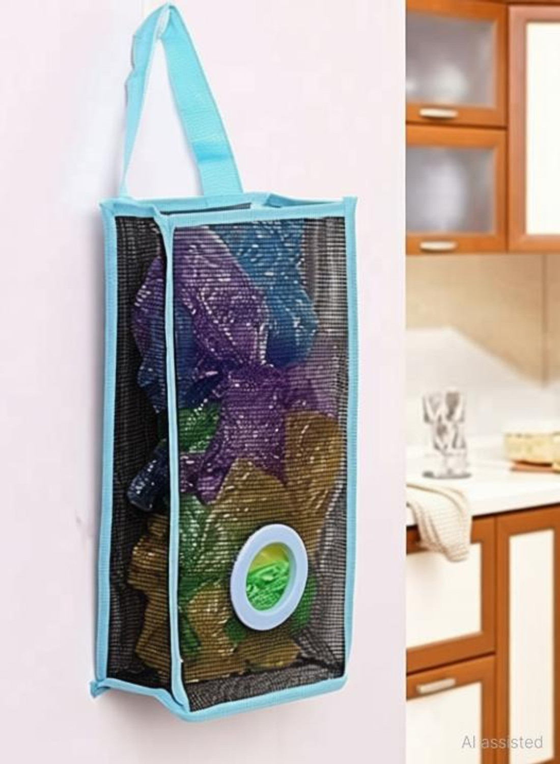 Image of Rexmon Kitchen Organizer Plastic Wall Mounted Rubbish Bag Container Kitchen Paper Dispense Mesh Hanging Bag Paper Dispenser