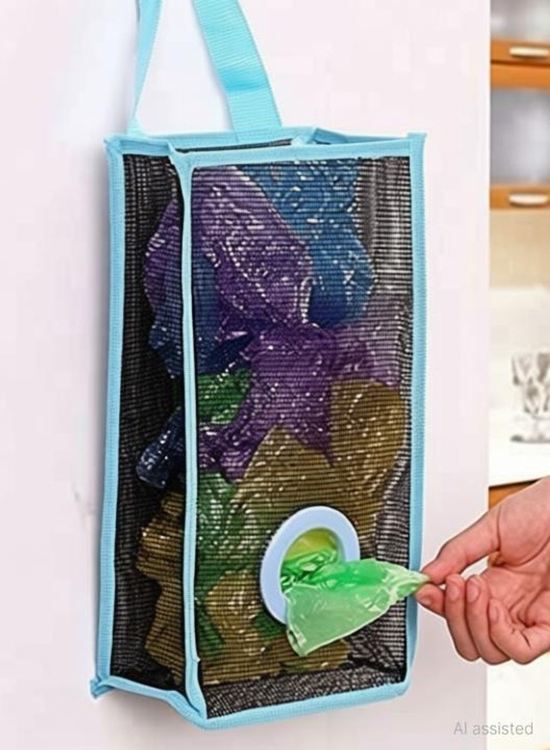 Image of Rexmon Kitchen Organizer Plastic Wall Mounted Rubbish Bag Container Kitchen Paper Dispense Mesh Hanging Bag Paper Dispenser