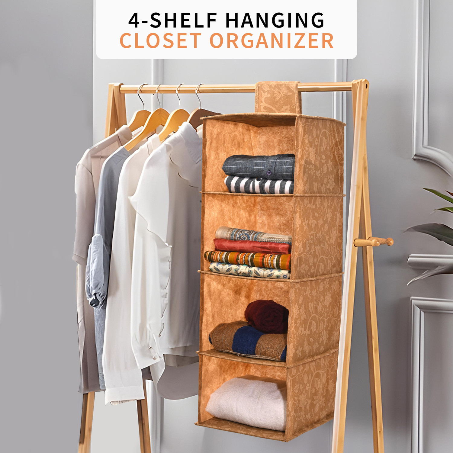 Image of KUBER INDUSTRIES 3 Pcs Foldable 4 Shelf Hanging Closet Organizer | New Flower - Brown Closet Organizer