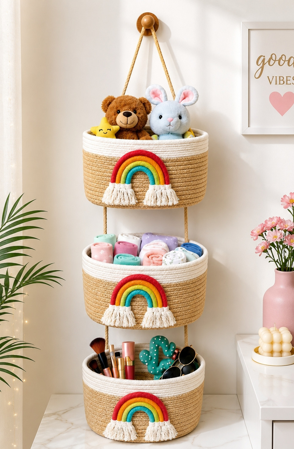 Image of Bizboost Rainbow Wall Hanging Storage Basket Organizer (3 Tier) Jewellery Organizer, Stationery Organizer, Accessories Organizer