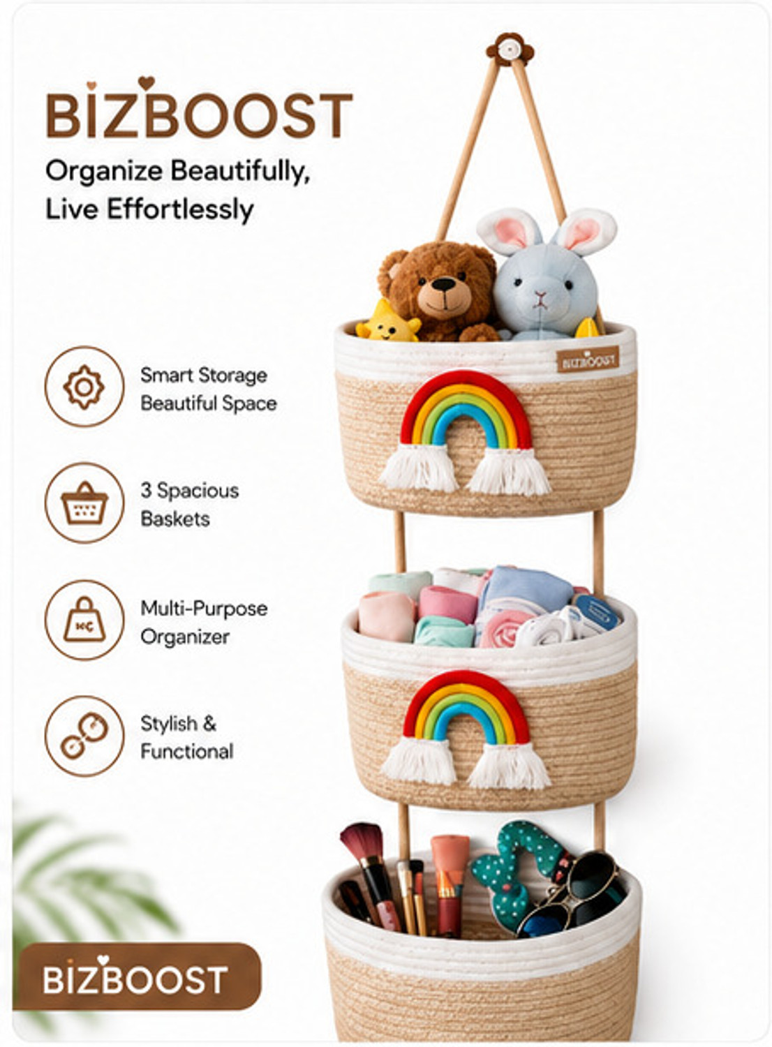 Image of Bizboost Rainbow Wall Hanging Storage Basket Organizer (3 Tier) Jewellery Organizer, Stationery Organizer, Accessories Organizer