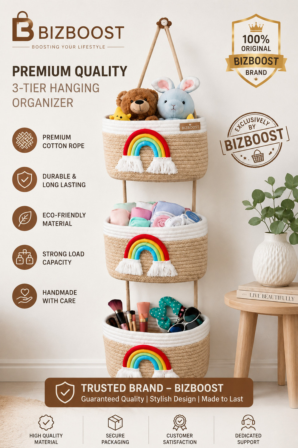 Image of Bizboost Rainbow Wall Hanging Storage Basket Organizer (3 Tier) Jewellery Organizer, Stationery Organizer, Accessories Organizer