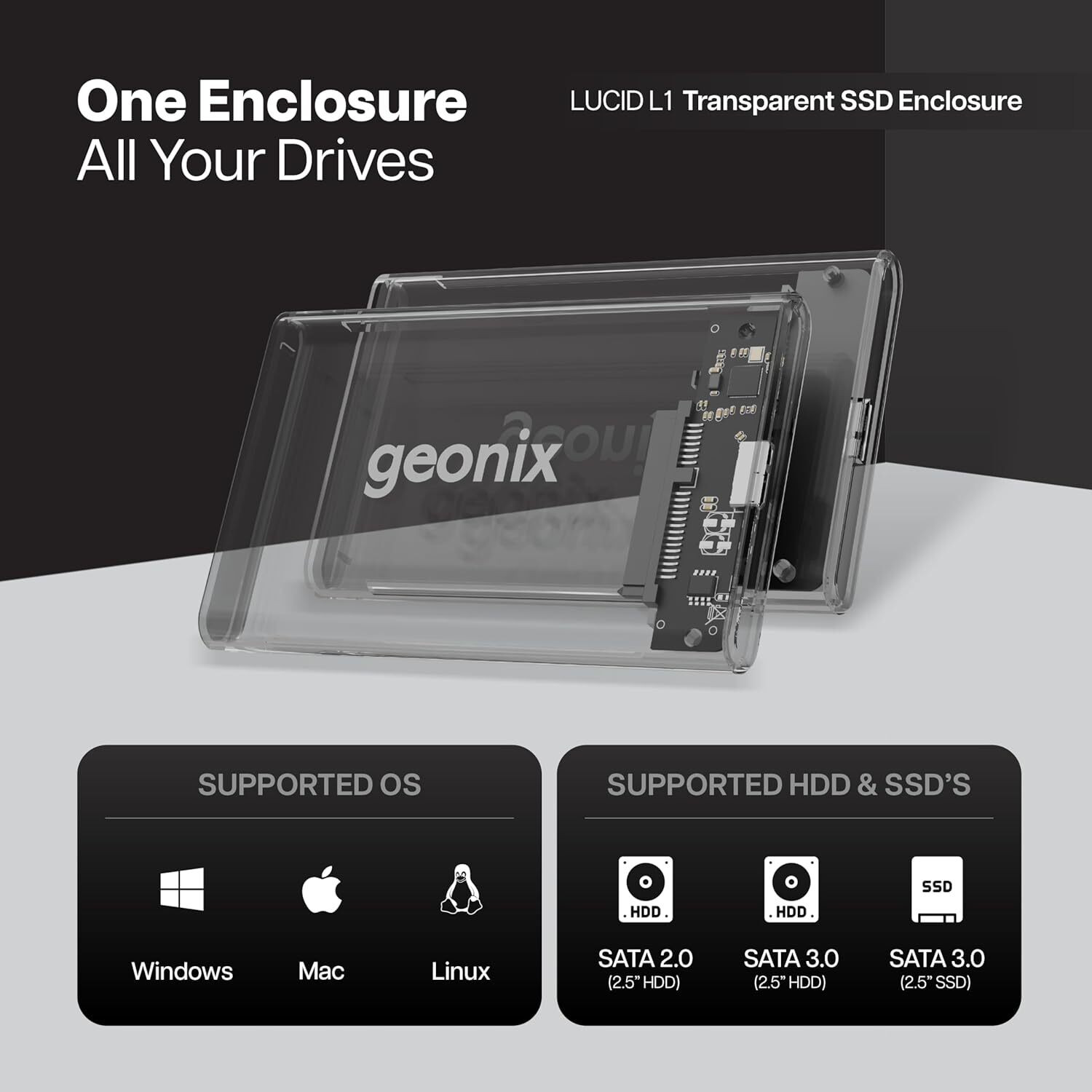 Image of GEONIX LUCID L1 2.5 inch Shock Resistant Water Proof 2.5-inch SATA External Enclosure (For On-The-Go Storage, Data Backup, White)