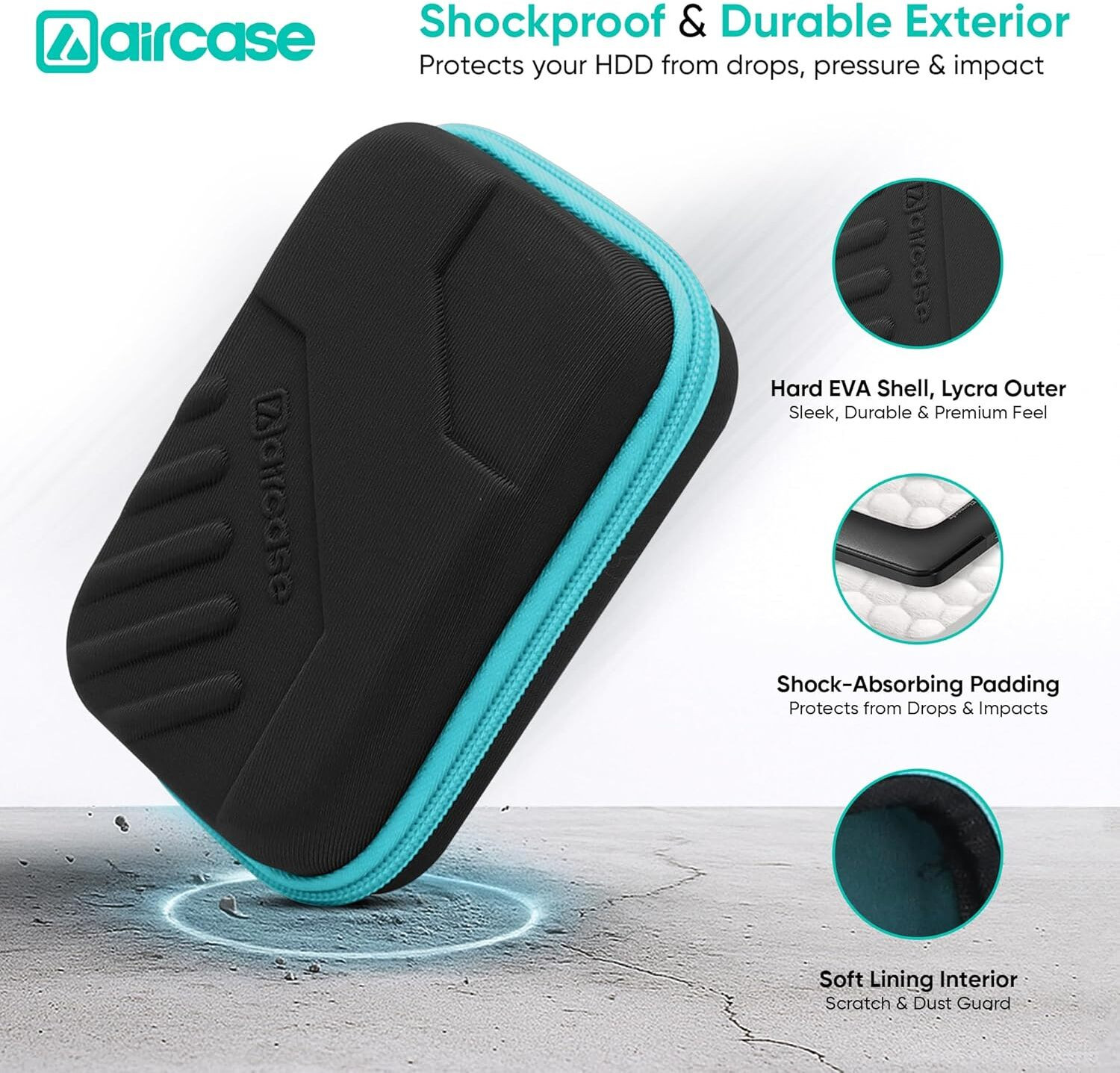 Image of AirCase Hard Drive Case Cover, Travel Pouch, Tech Organizer with Shockproof EVA 2.5 inch Shock Resistant Water Proof Hard Drive Case