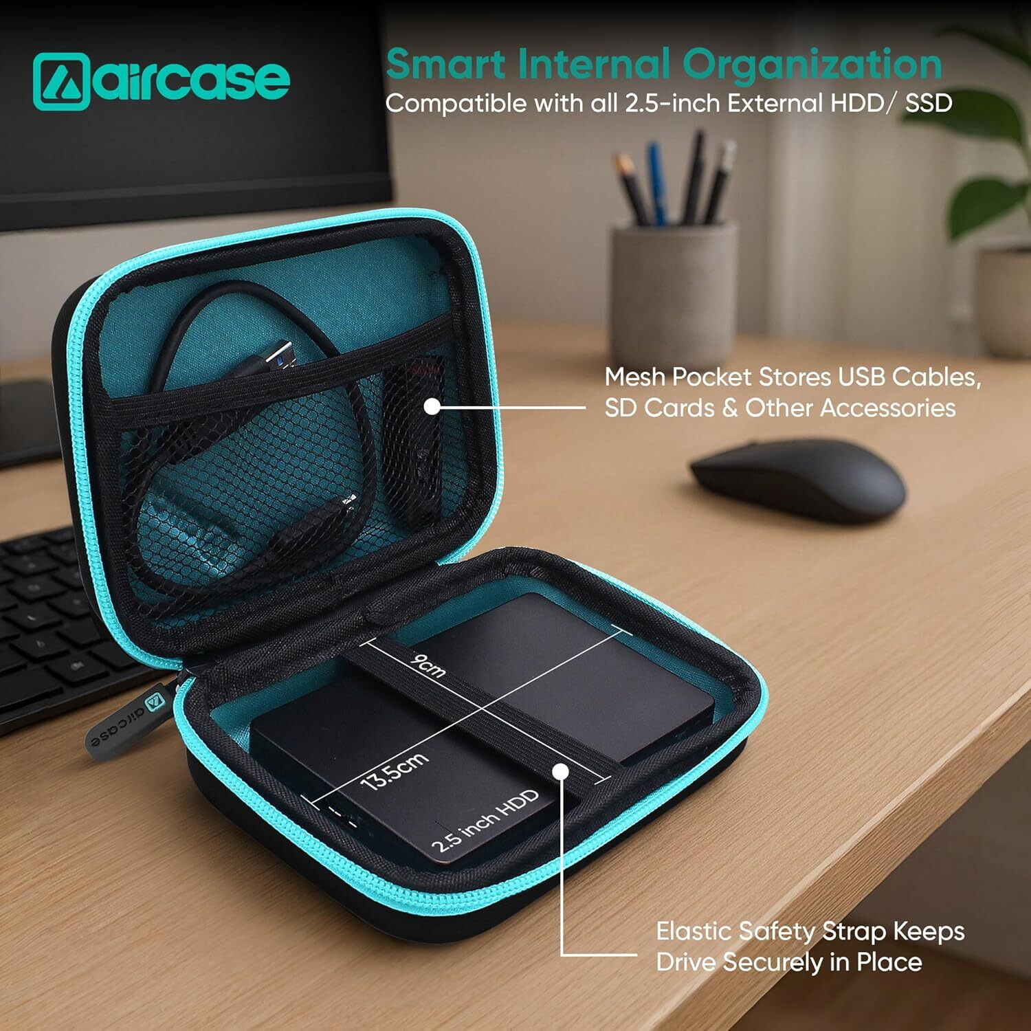 Image of AirCase Hard Drive Case Cover, Travel Pouch, Tech Organizer with Shockproof EVA 2.5 inch Shock Resistant Water Proof Hard Drive Case