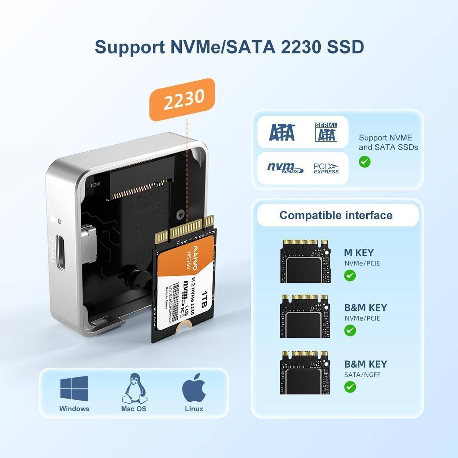 Maiwo M.2 2230 NVMe SSD Enclosure, USB C 3.2 Gen 2 Type-C 10Gbps