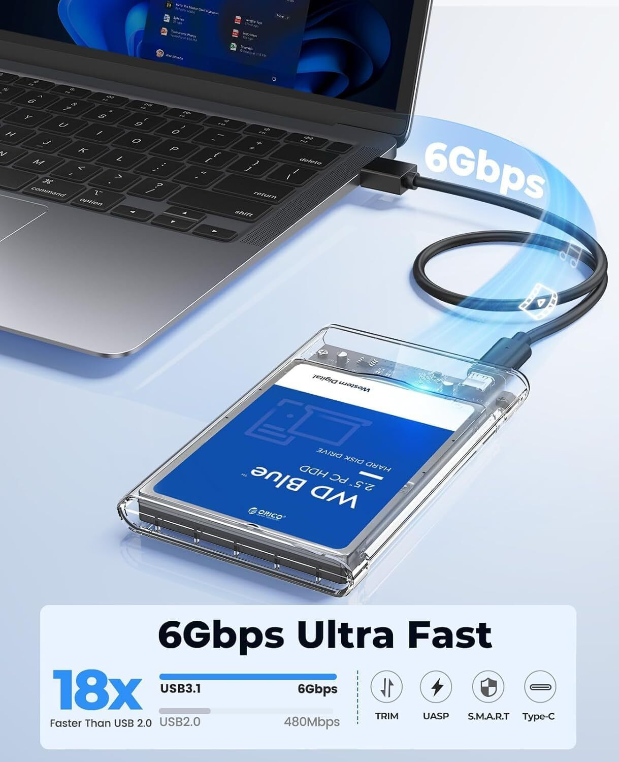Image of sounce 2.5 inch SATA SSD Enclosure Case USB-C 3.1, Tool-Free, 6Gbps, Up to 1TB 2.5 inch Shock Resistant SSD Enclosure