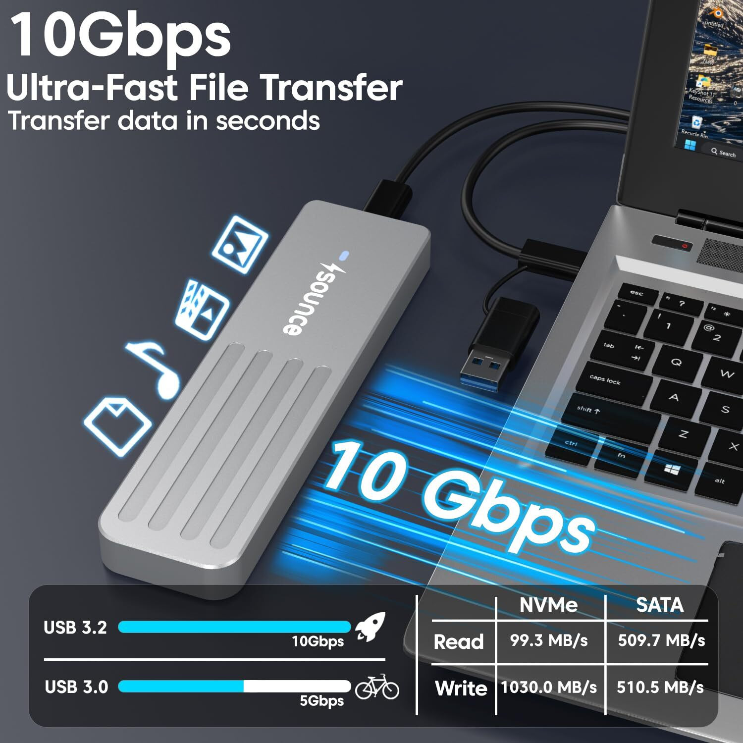 Image of sounce M.2 NVMe /NGFF SSD Enclosure USB 3.1 Gen2 10Gbps Aluminium Case 2.5 inch SSD Enclosure