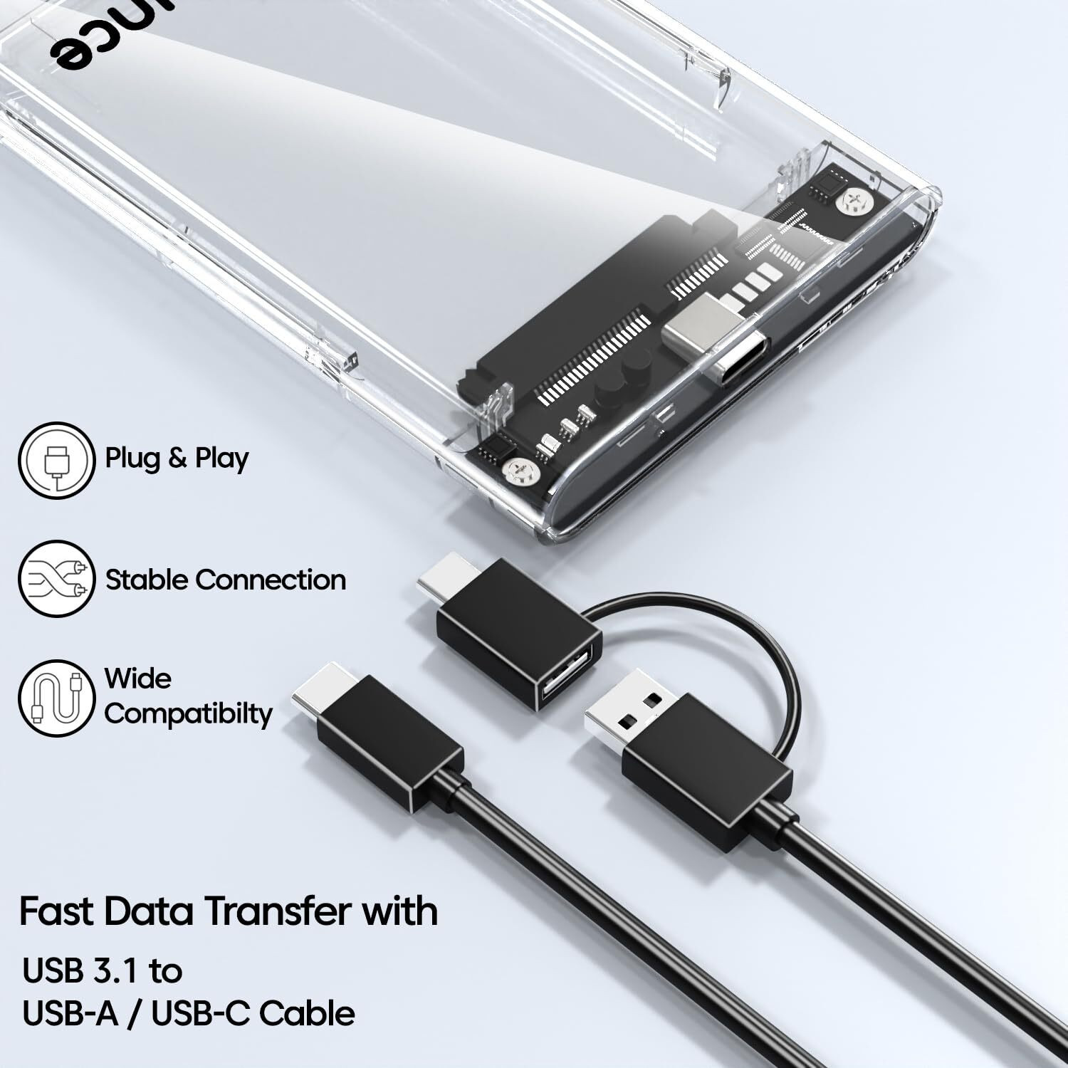 Image of sounce SATA SSD Enclosure Transparent Case, USB Type C 3.1 to SATA Tool 2.5 inch Shock Resistant Water Proof Case
