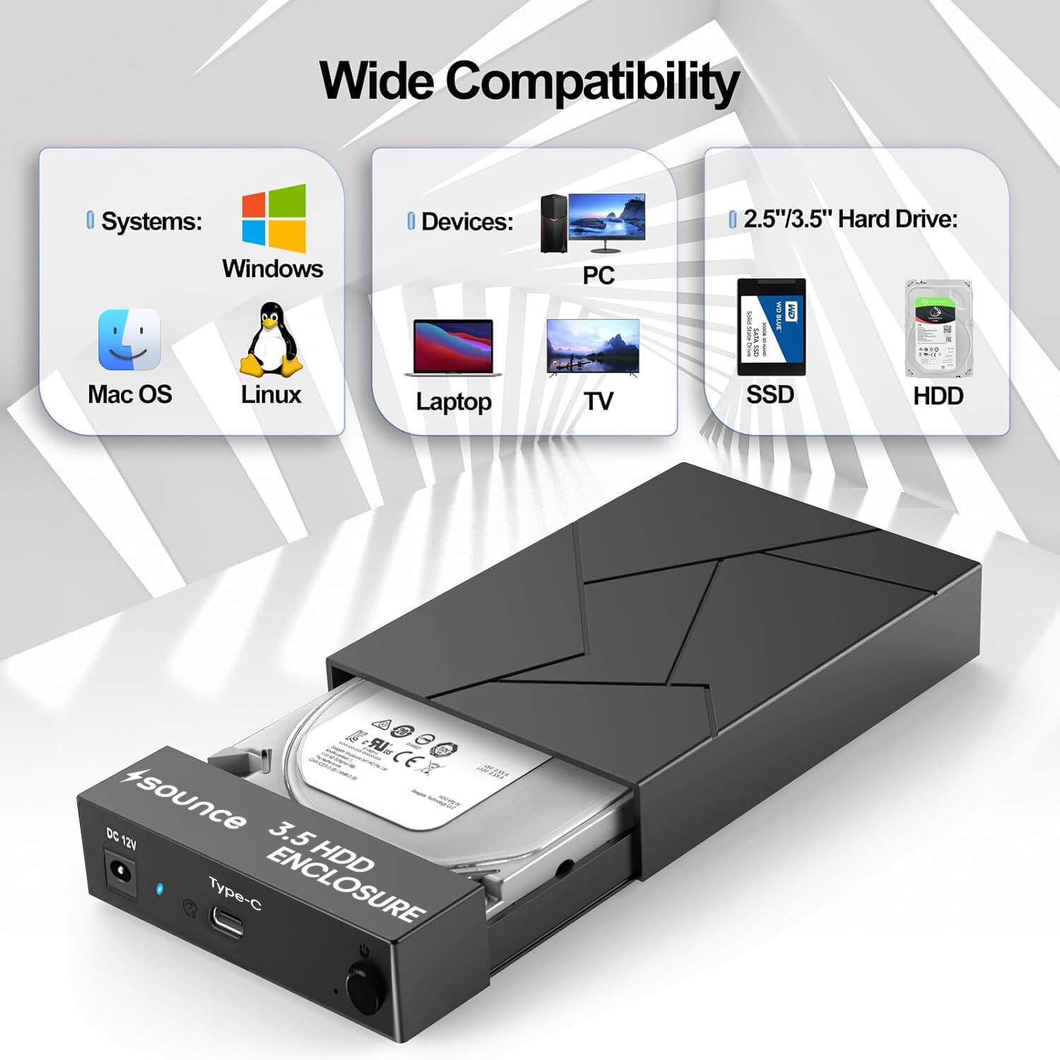 Image of sounce Type-C Hard Drive Enclosure Docking Station for 3.5 /2.5 inch SATA HDD /SSD 16TB+ 2.5 inch Shock Resistant Hard Drive Enclosure, External Hard Drive Docking Station