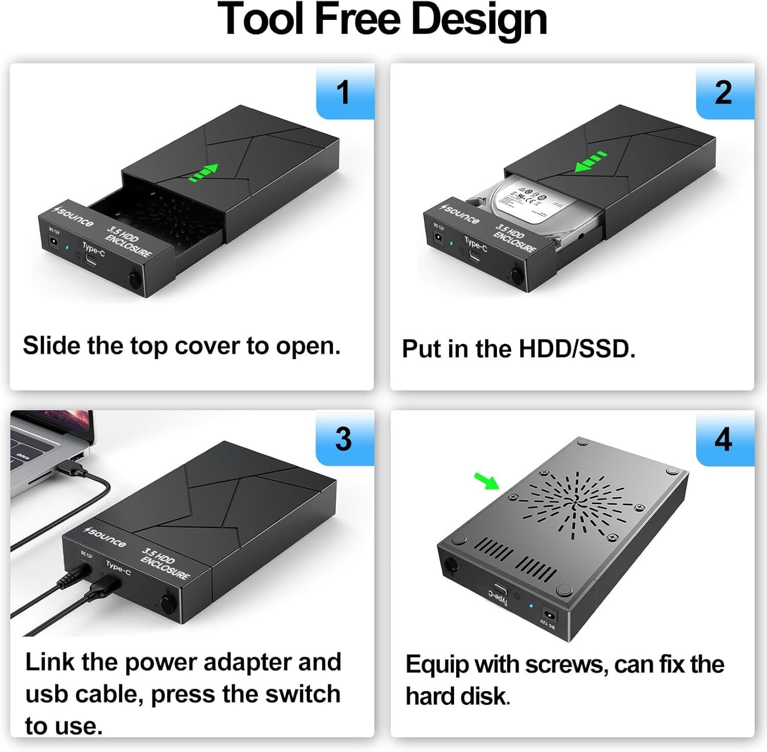 Image of sounce Type-C Hard Drive Enclosure Docking Station for 3.5 /2.5 inch SATA HDD /SSD 16TB+ 2.5 inch Shock Resistant Hard Drive Enclosure, External Hard Drive Docking Station