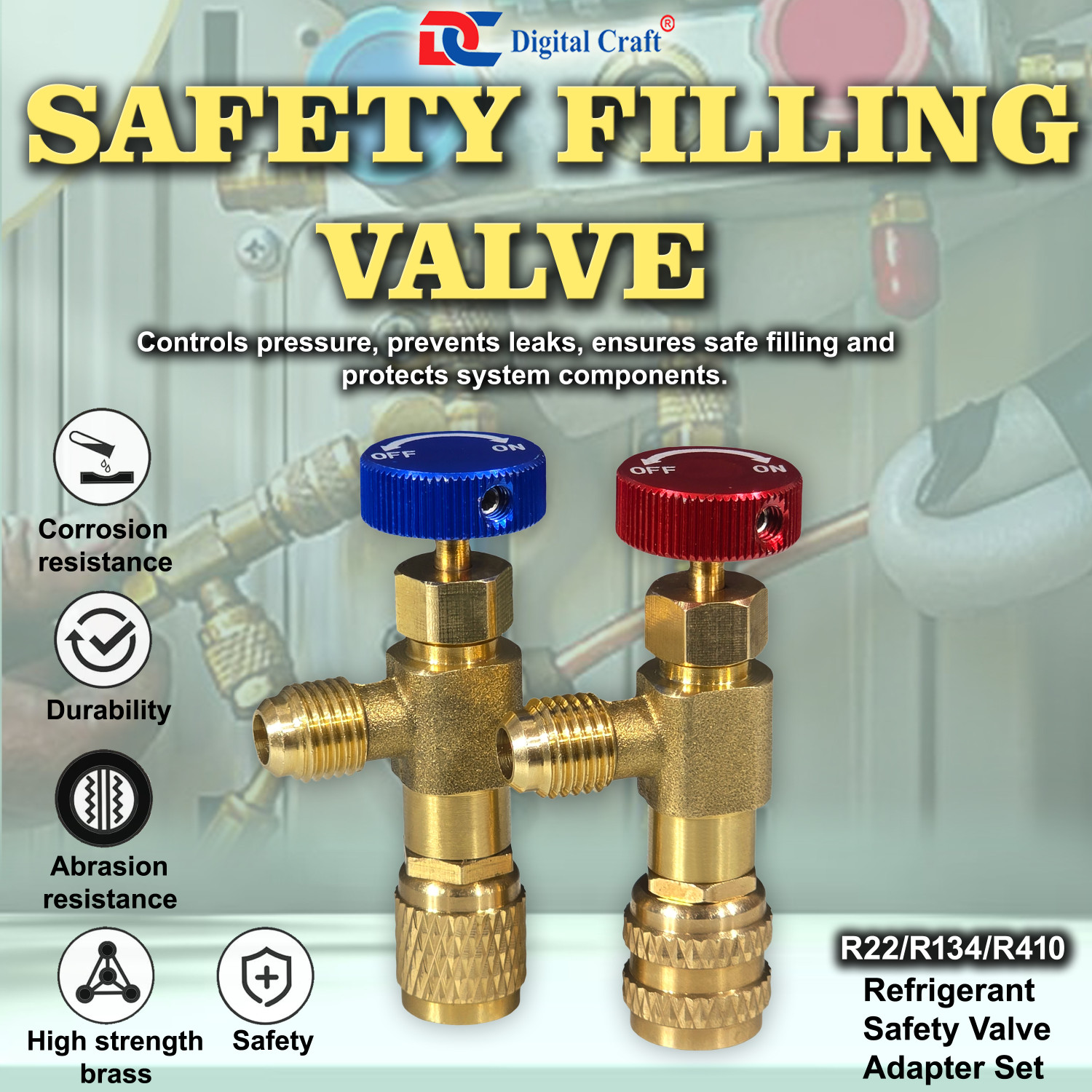Image of Digital Craft R22 /R134 /R410 Refrigerant Safety Valve Adapter with Flow Control for AC HVAC Use Ball Valves