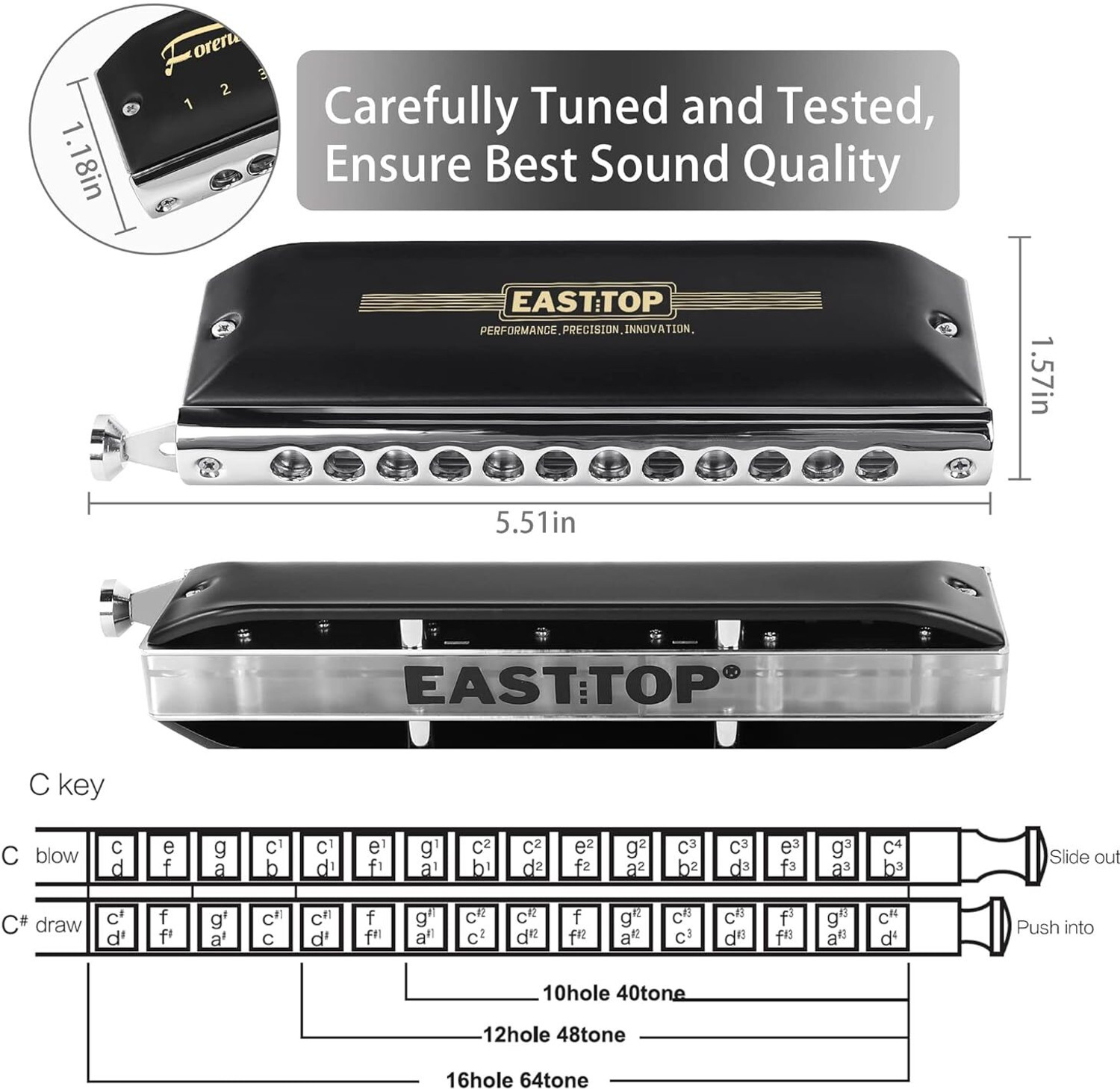 Image of Eeast top Updated FORERUNNER 2.0 without valves Chromatic Harmonica 12-Hole 48 Tones C Key