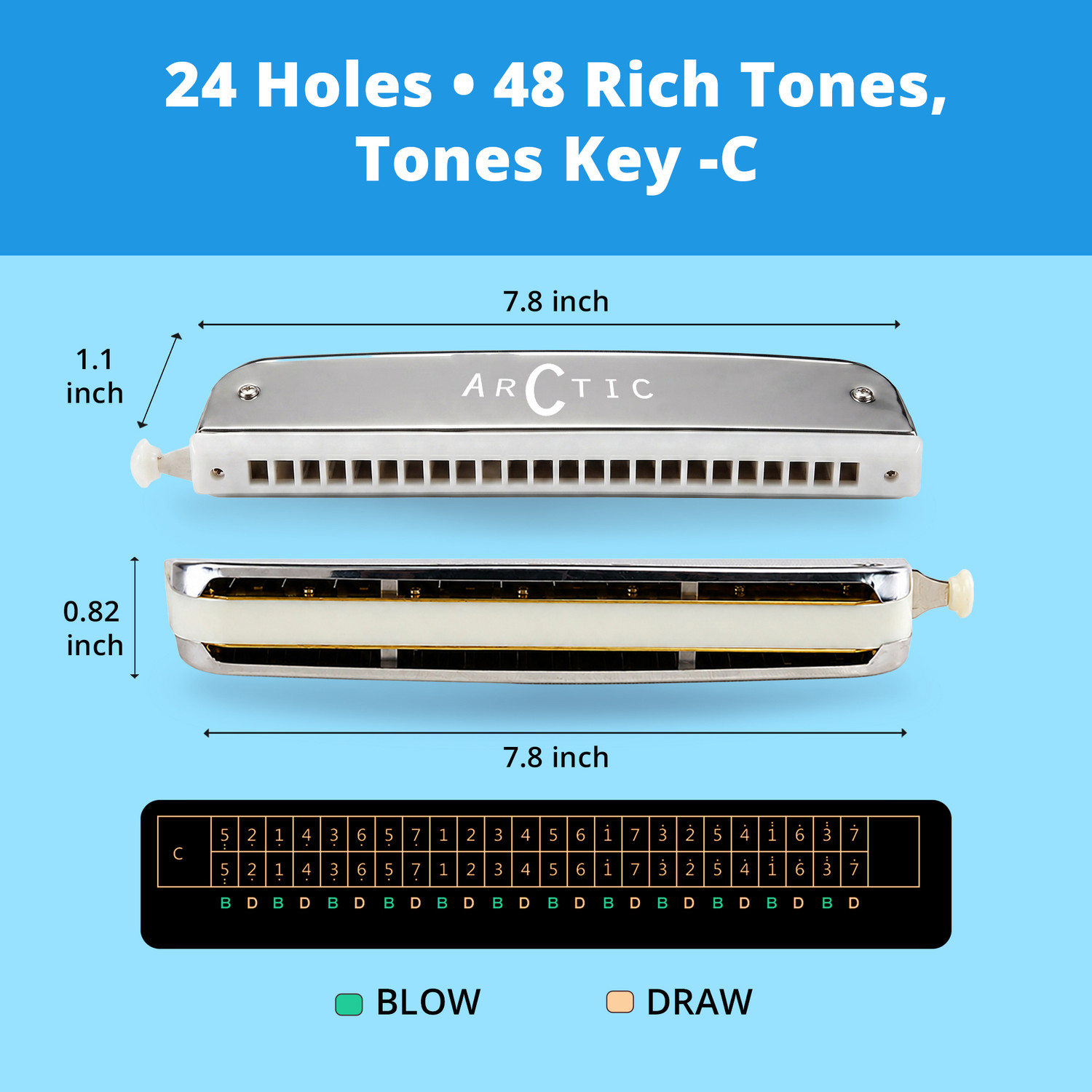 Image of Arctic AR-HA24SCS | 24-Hole C Scale Chromatic Harmonica with Scale Changer, Mouth Organ
