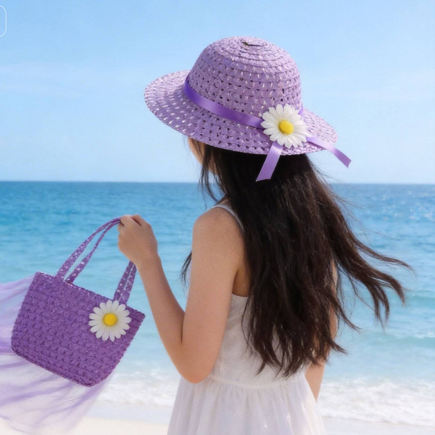 Babymoon Set of 2 Baby Girls Summer Straw Kids Sun Hat with Sling Purse Handbag 2-6 Yrs