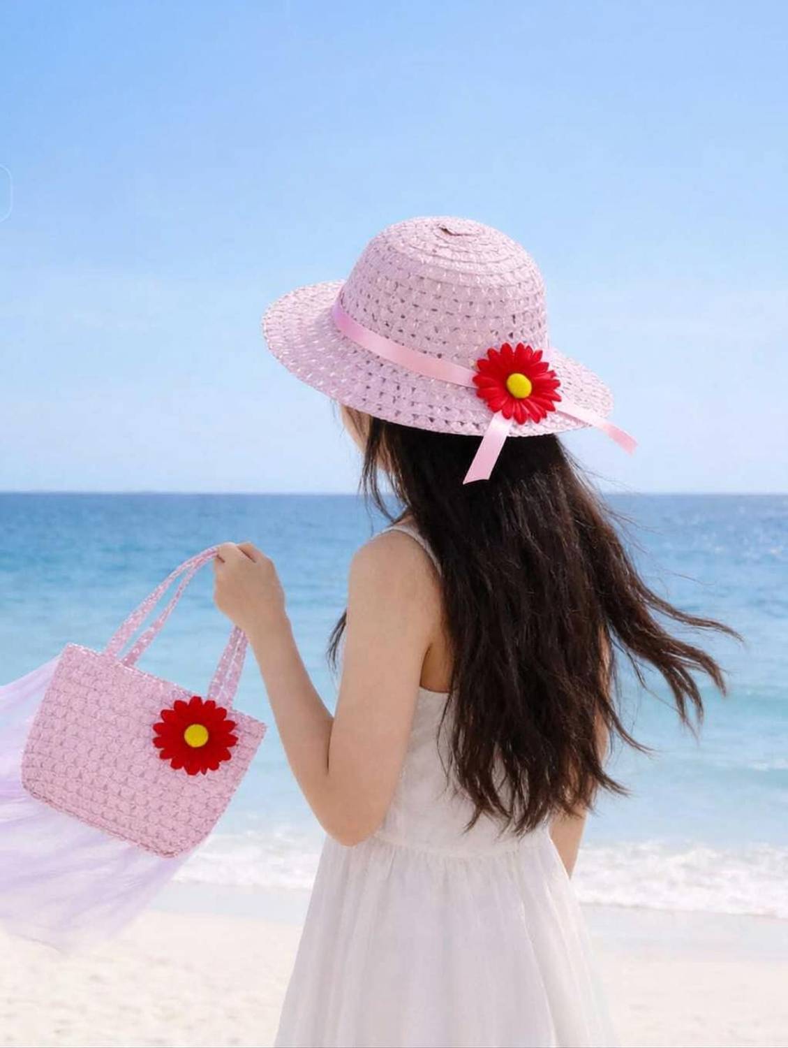 Babymoon Set of 2 Baby Girls Summer Straw Kids Sun Hat with Sling Purse Handbag 2-6 Yrs