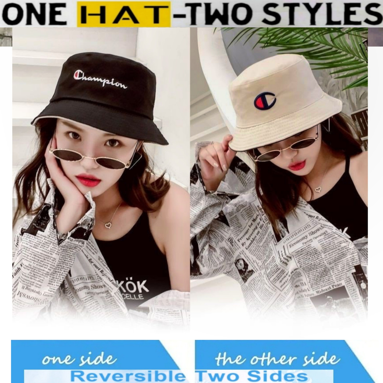 Image of Highever Trendy Unisex Embroidered foldable cotton Reversible Bucket Hat