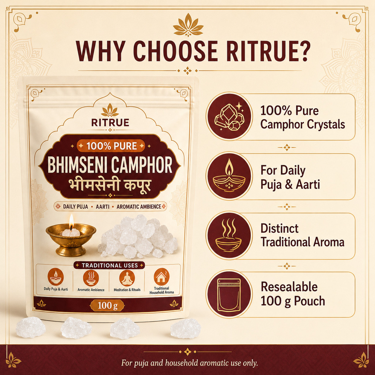Image of RiTrue Organic Pure Bhimseni kapoor 100g camphor karpuram karpooram For Pooja & Home
