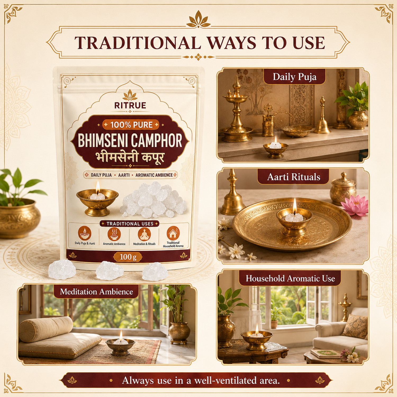 Image of RiTrue Organic Pure Bhimseni kapoor 100g camphor karpuram karpooram For Pooja & Home