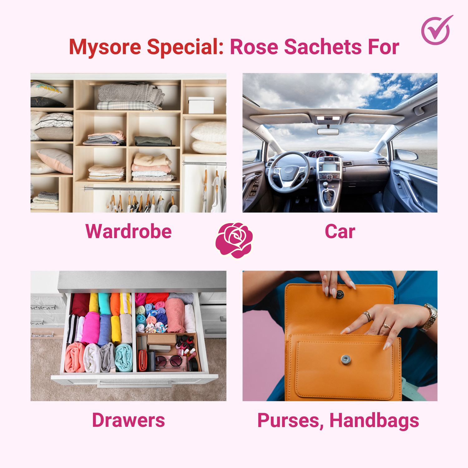 Image of Special Mysore Rose Potpourri Fragrance Sachets (6 Pack) | Natural Mysore Rose Wardrobe (Cupboard) Fresheners for Clothes, Closet, Drawers, Sarees & Laundry Storage (6 x 1 Units)