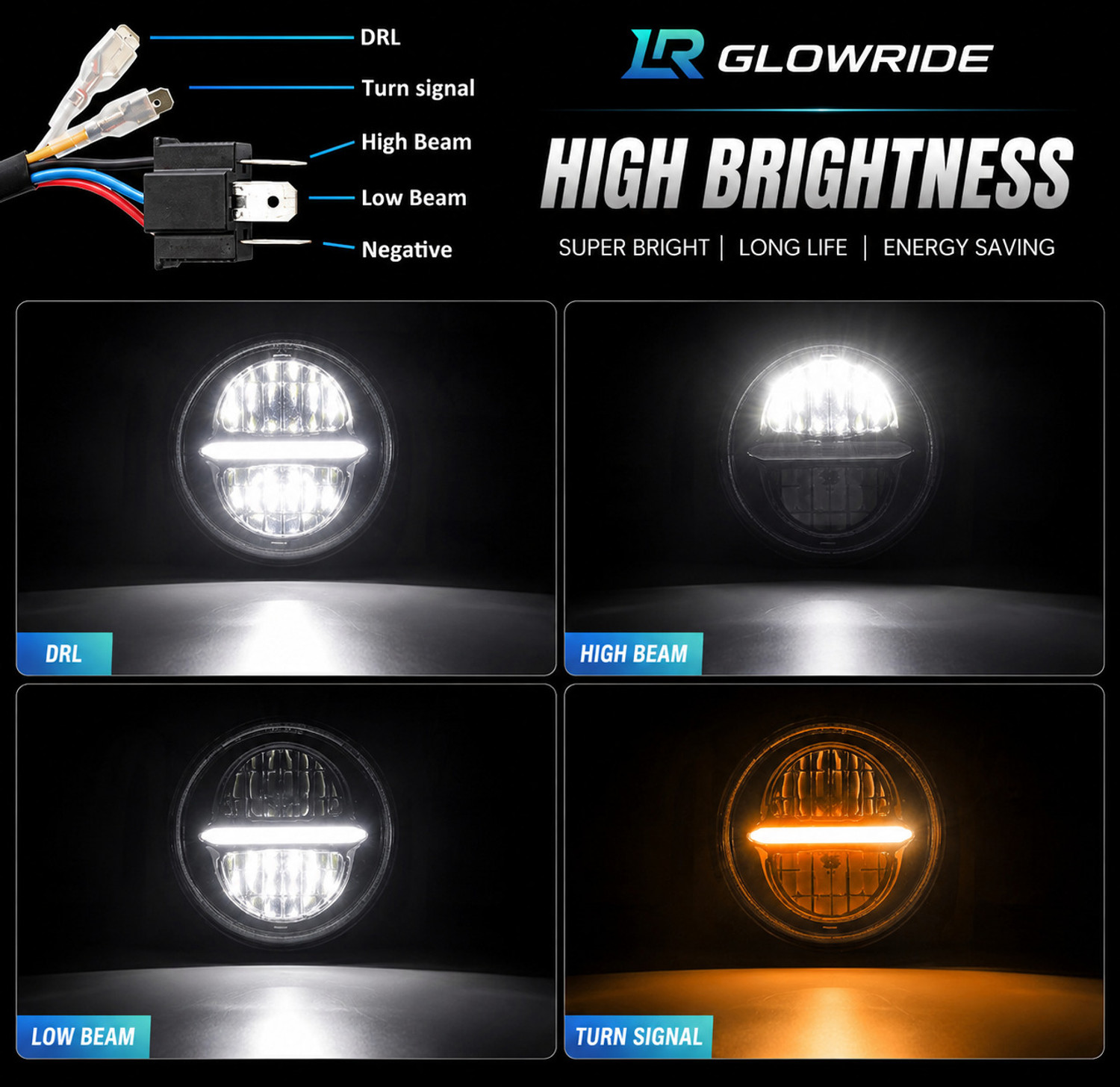 Image of LRGLOWRIDE LED Headlight for Mahindra, Royal Enfield Bullet 350, Bullet Trials 350, Classic 350, Classic 500, Thar, Jeep, Standard 350