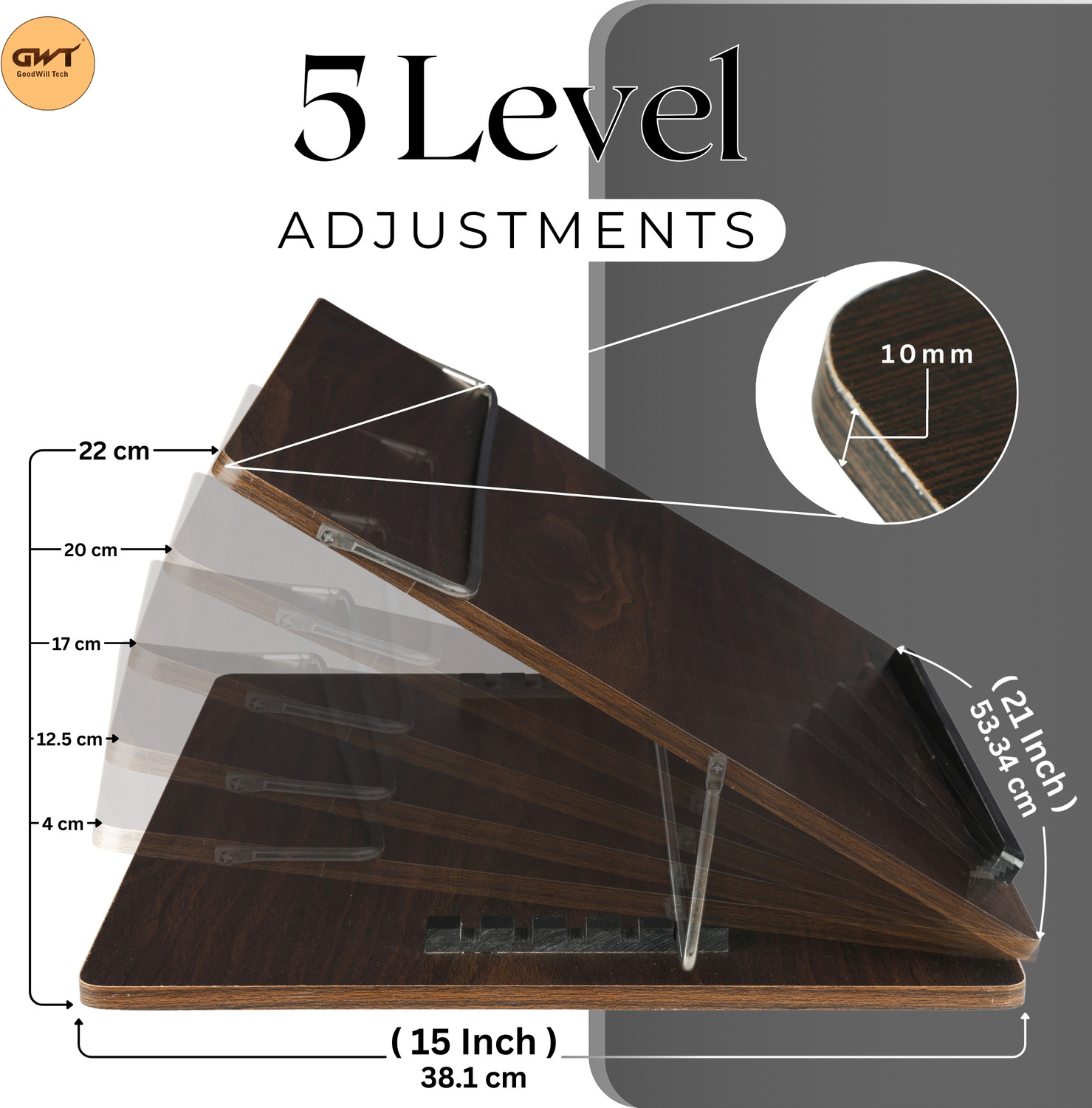 Image of Goodwill Tech 15x21 Walnut Dark Wooden Table Top | Adjustable Desk Stand for Study & Office Headlight Cleaning Kit