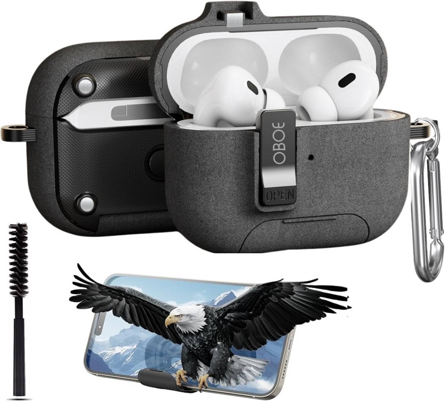 Oboe Polypropylene Press and Release Earbuds Case For Apple Airpods Pro 2 Shield Pro Case with Phone Stand & Magnetic Lock & Keyring
