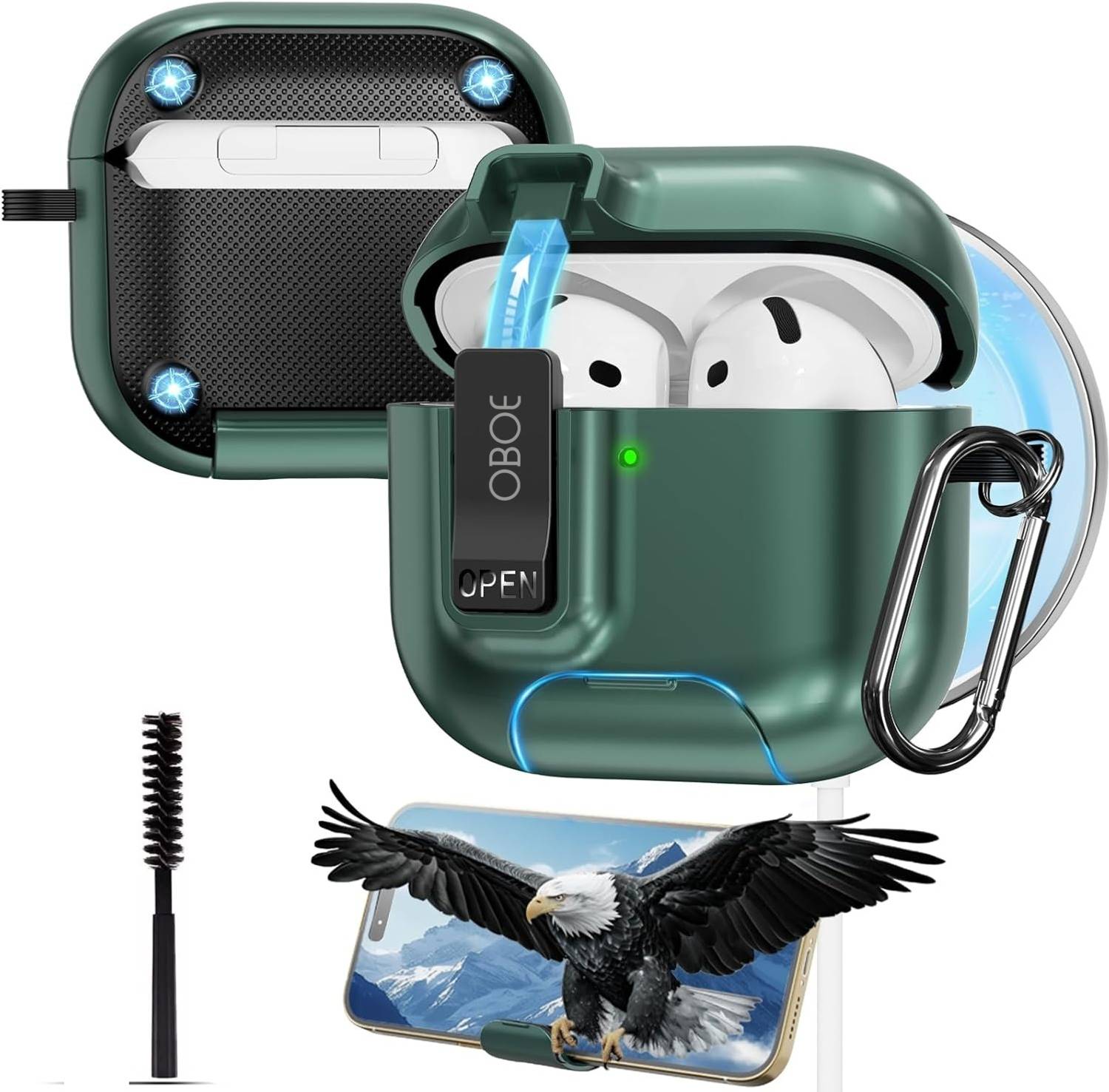 Oboe Polypropylene Press and Release Earbuds Case For Apple Airpods 4 Shield Pro Case with Phone Stand, Secure Lock Clip & Keyring