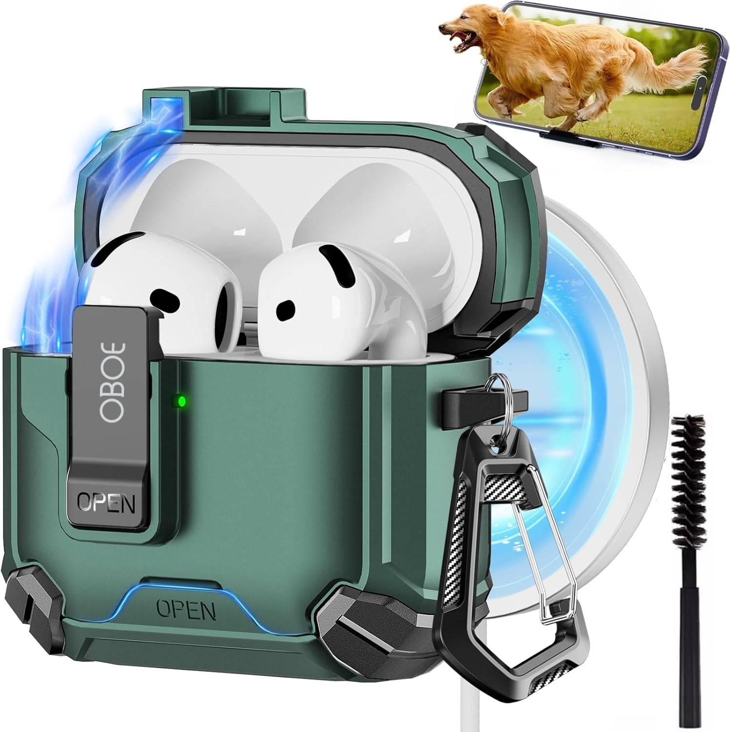Oboe Polypropylene Press and Release Earbuds Case For Apple Airpods 4 Tough Case with Phone Stand, Secure Lock Clip & Keyring