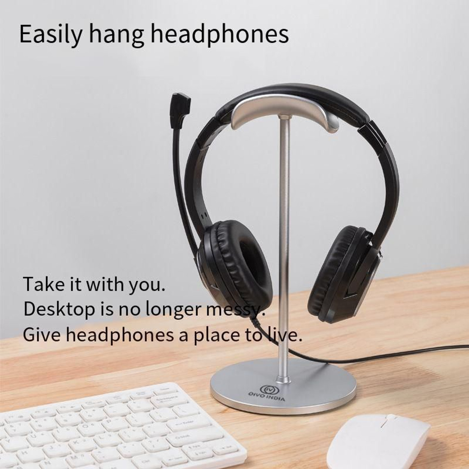 Image of OIVO INDIA Silver Headset Holder with Aluminum Supporting Bar for All Headphone Sizes Headphone Stand
