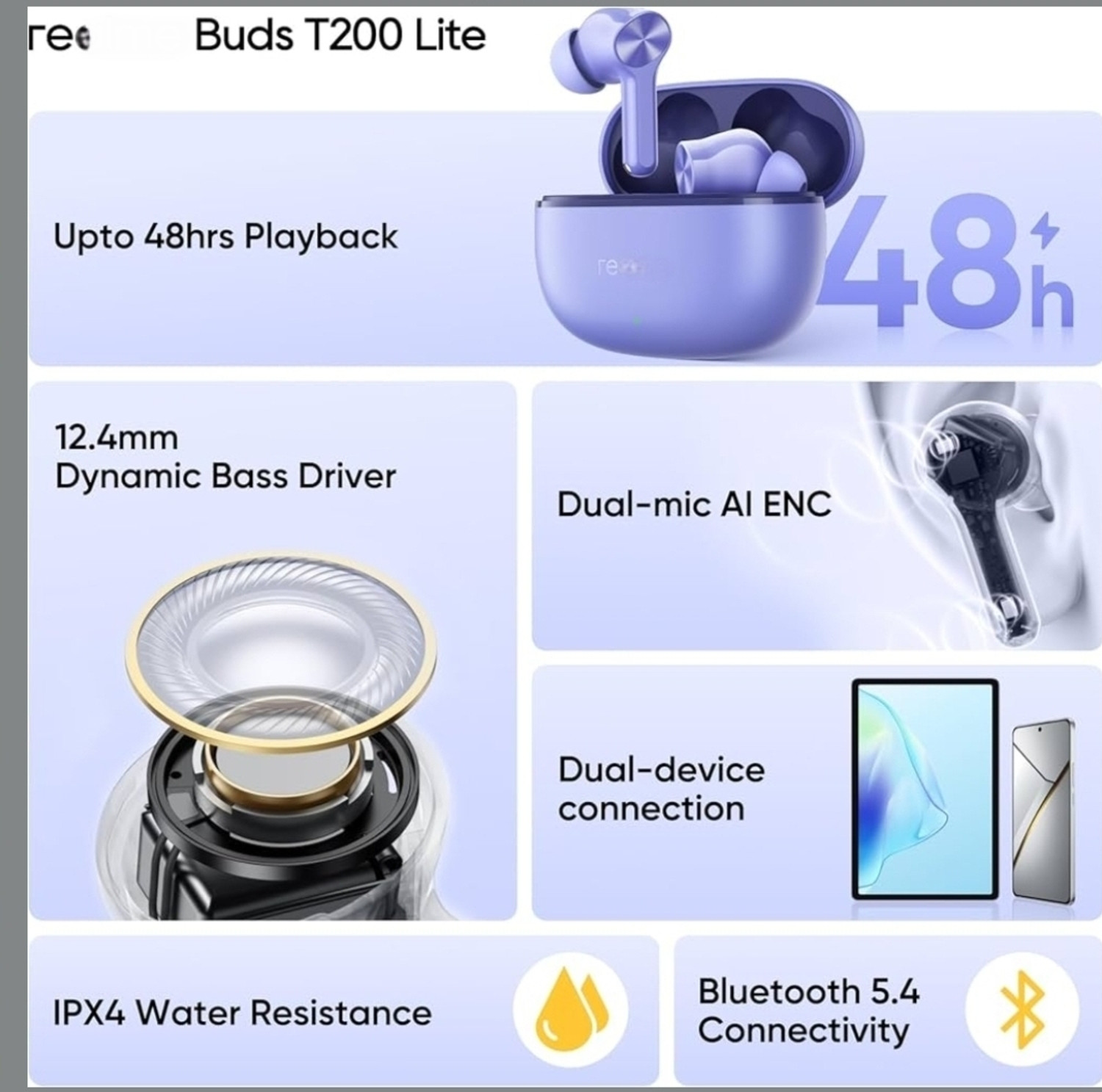 Image of Rea realme Buds T200 Lite Bluetooth in Ear,4 Mic, AI ENC for Calls,48 purple Headphone Stand