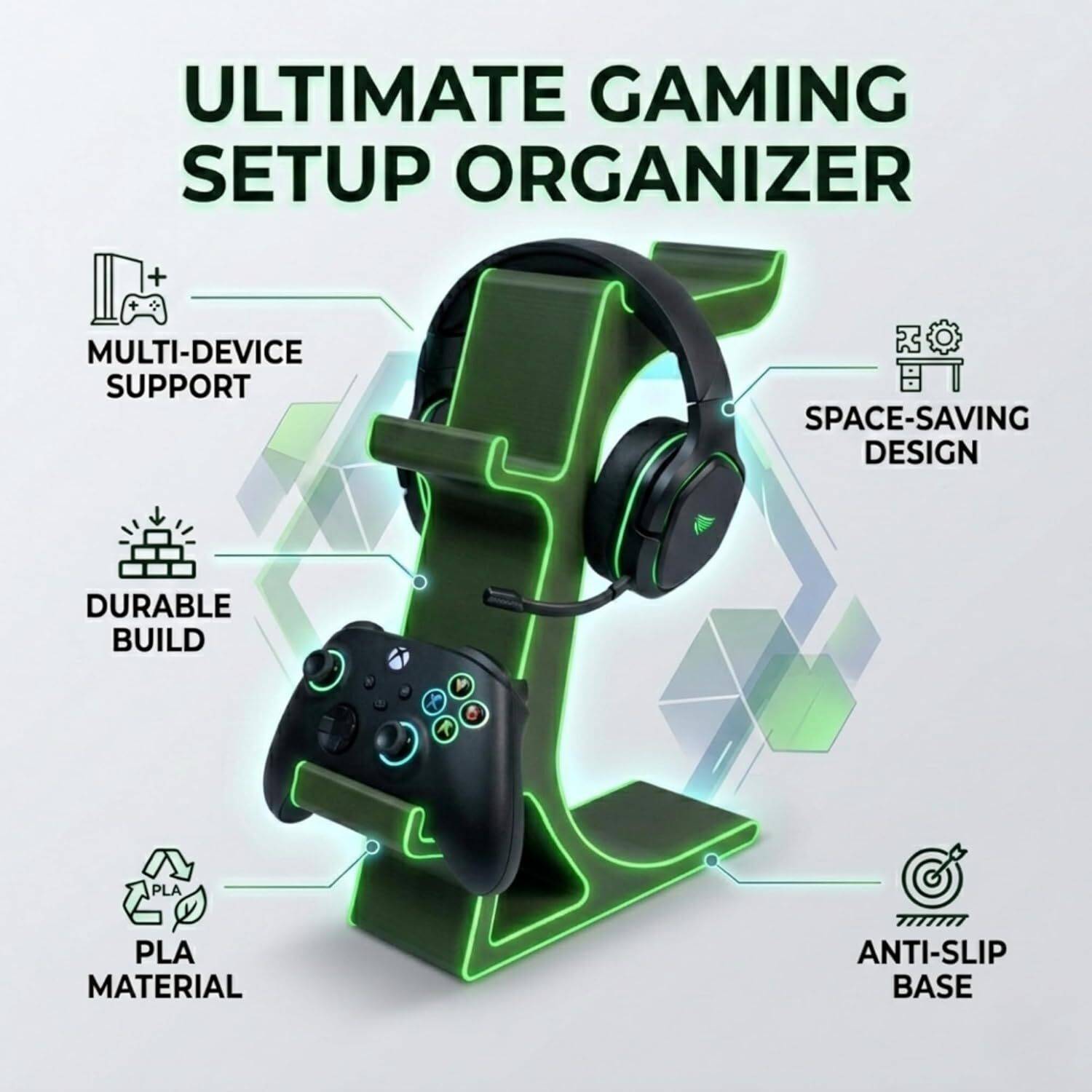 AORION Gaming Headphone & Controller Stand with LED Glow - Image 3